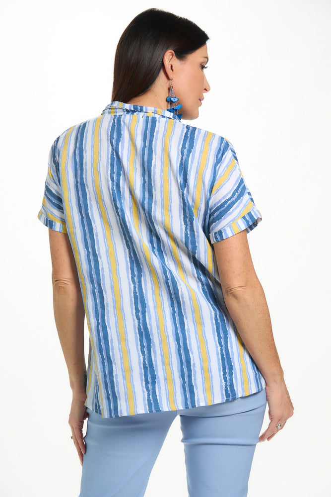 Back image of Fashion Cage wire collar short sleeve top in blue stripe. 