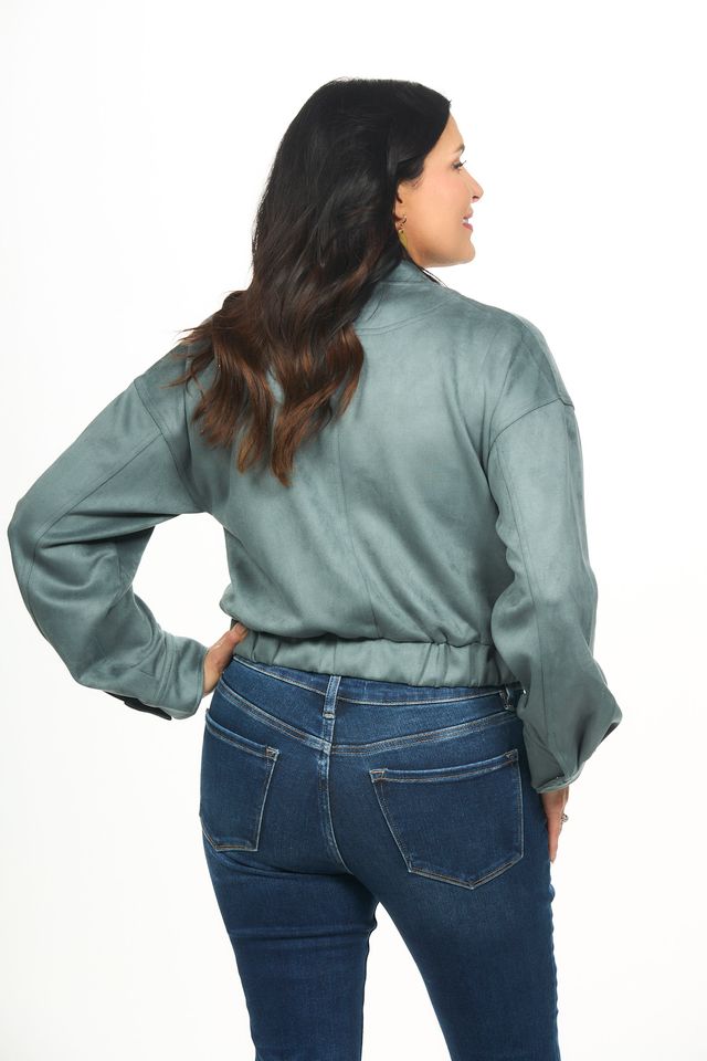 Back image of emerald green bomber jacket zip up.