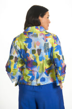 Back image of Shana short printed crushed jacket. Bright blue printed cowl neck jacket. 