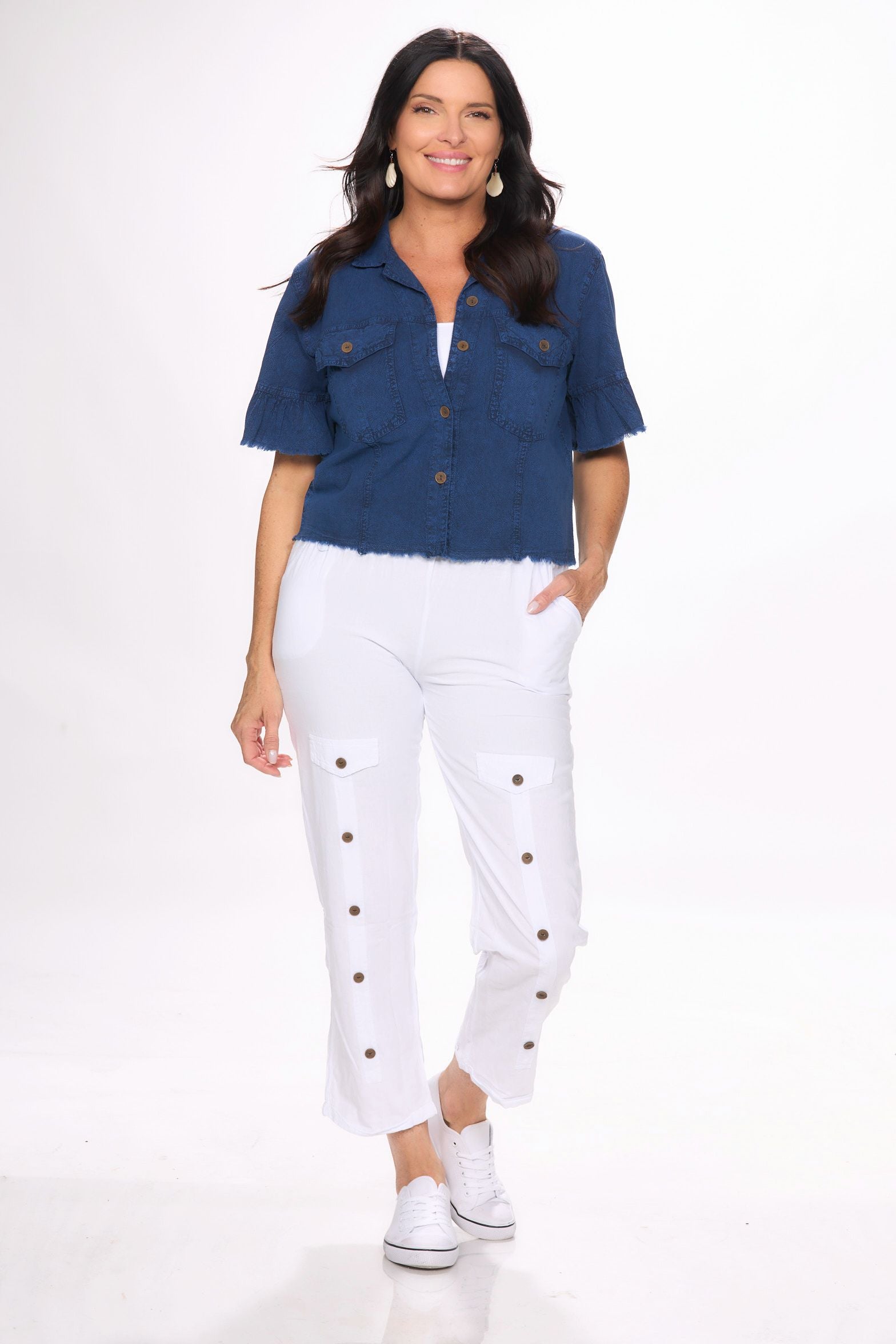 Front image of white pull on button detail pants by Giocam.