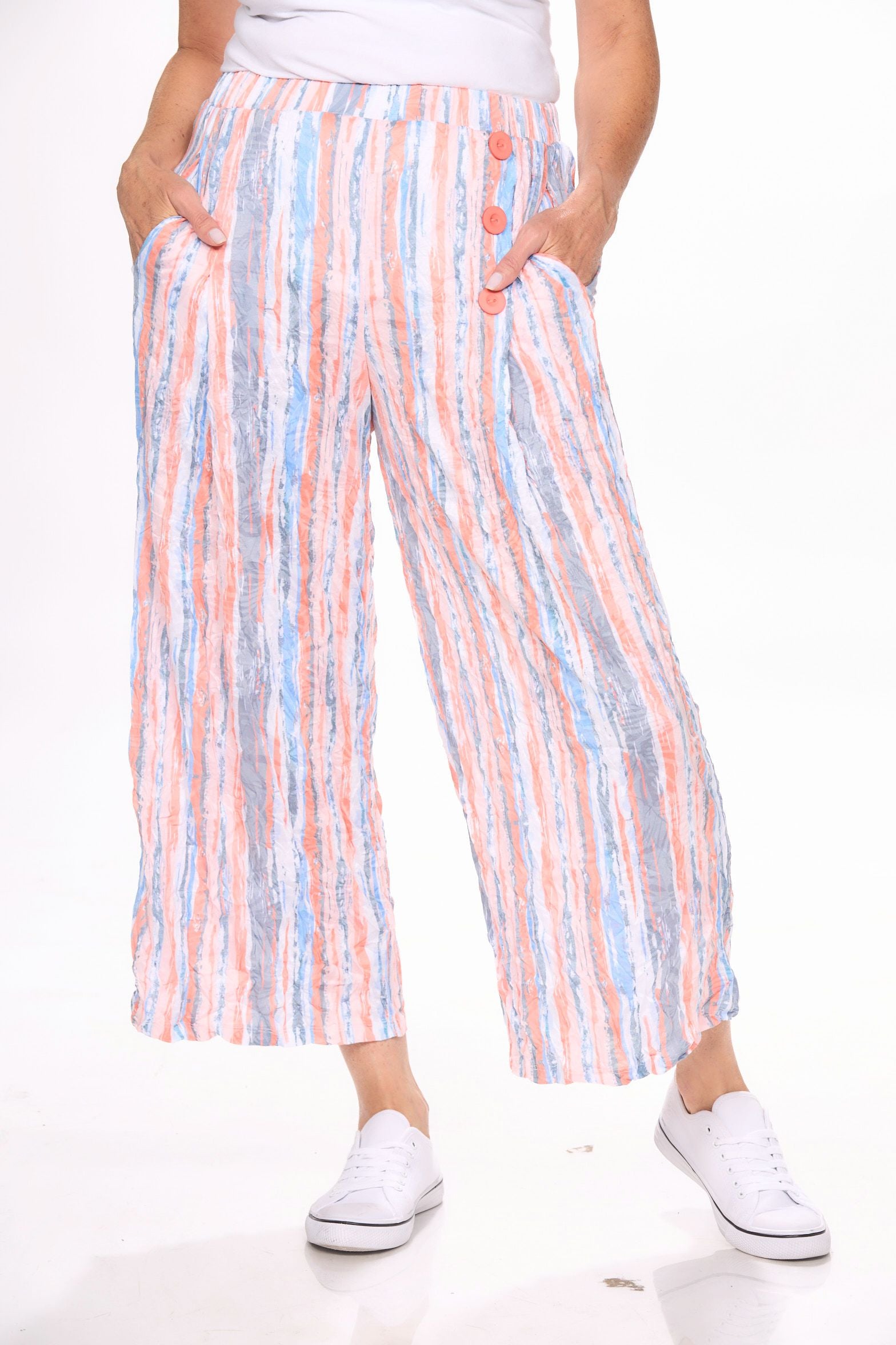 Front image of shana pull on striped wide leg pant.