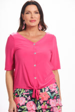 Short Sleeve V-Neck Button Front Tie Top