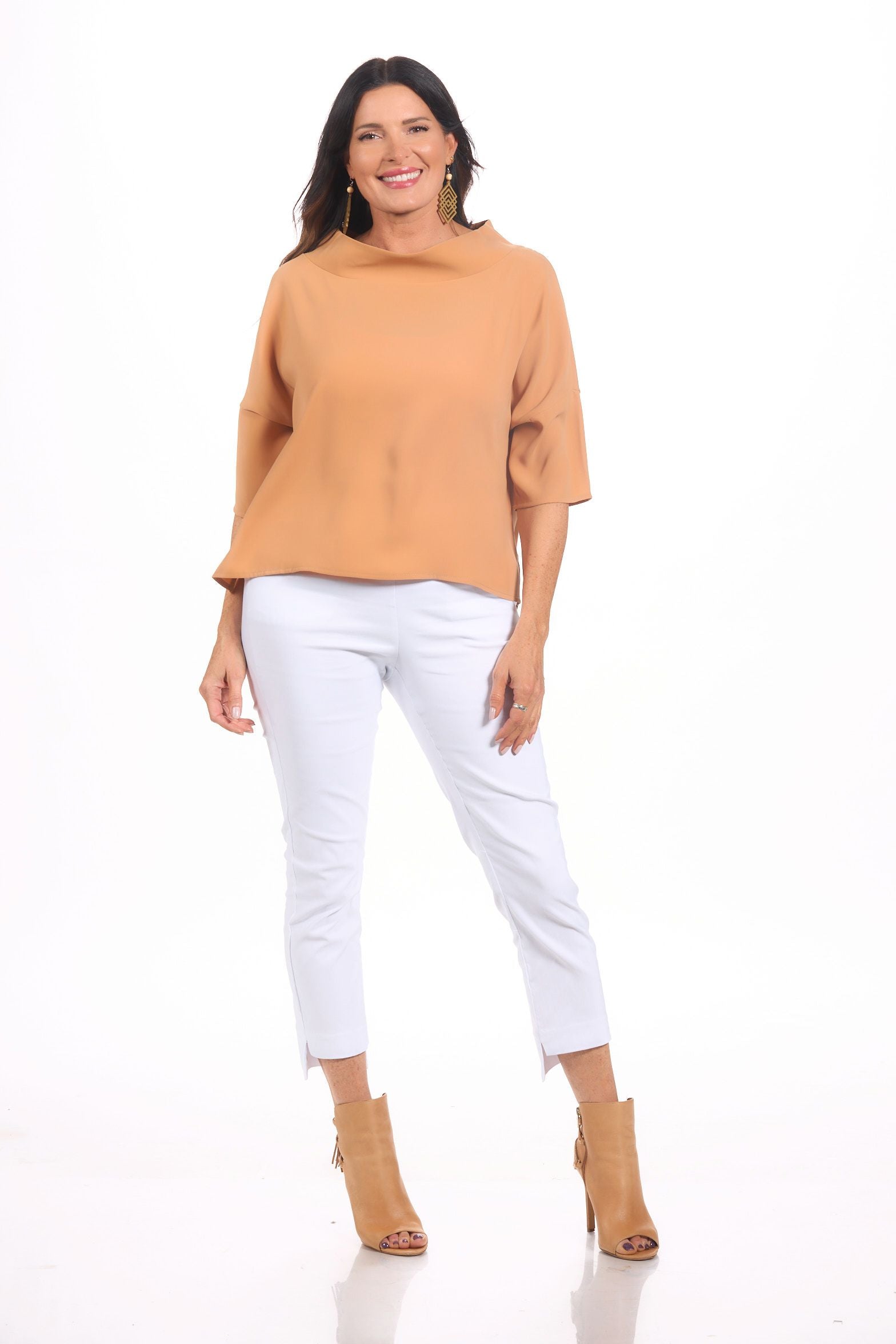 Front image of audrey cowl neck top in camel tan.