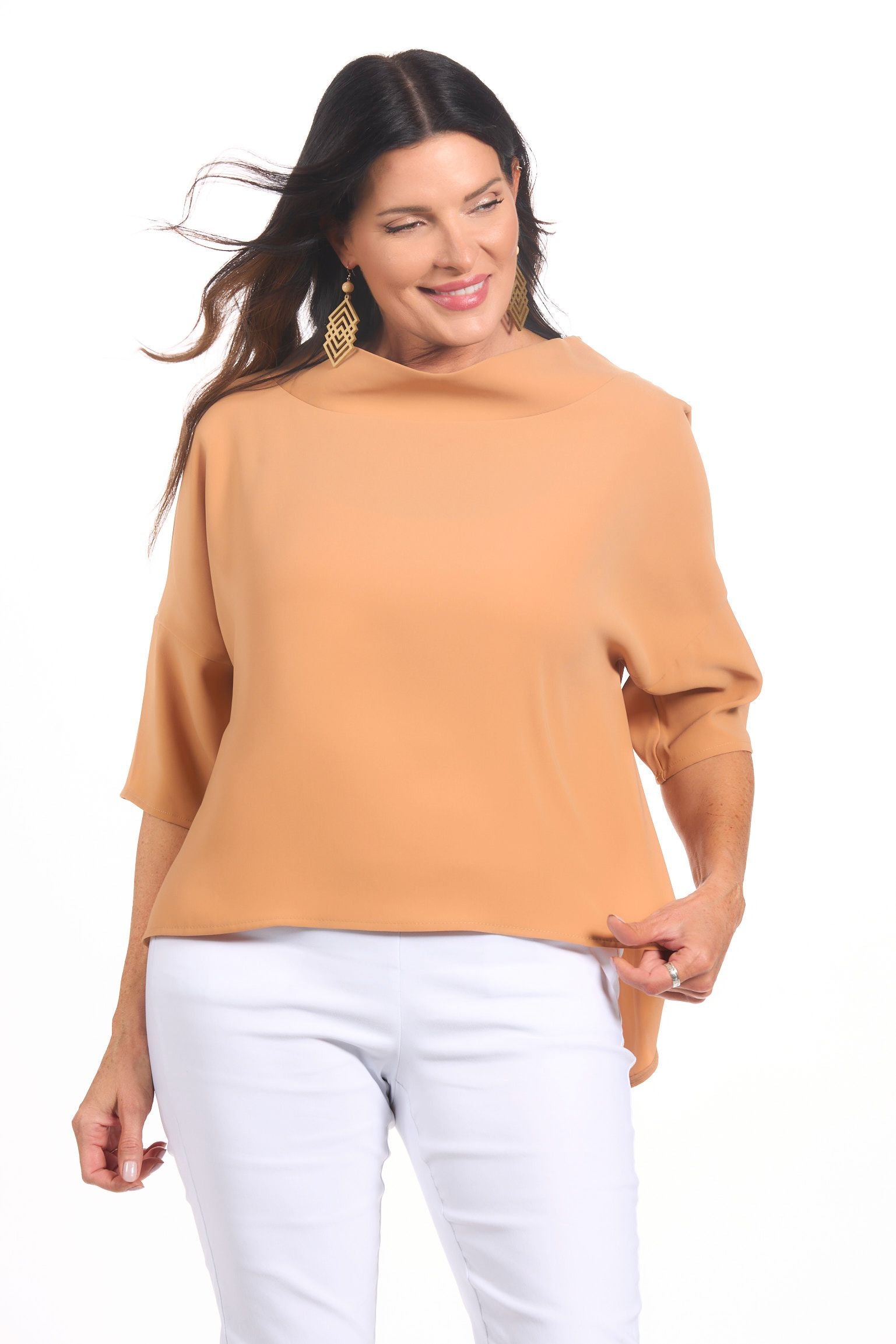 Front image of audrey cowl neck top in camel tan.