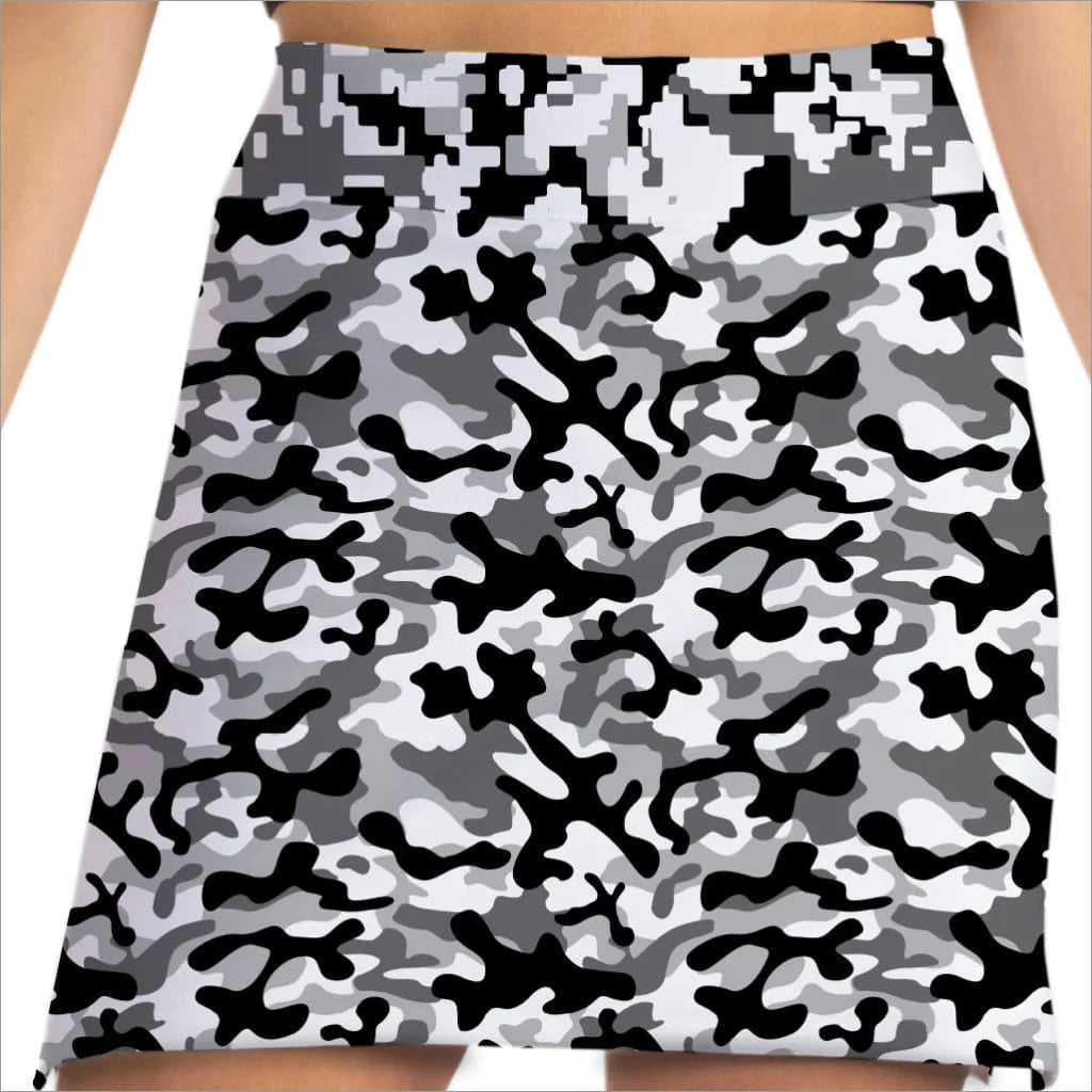 Front image of Skort Obsessions black camo printed skort. Black and white printed skort.
