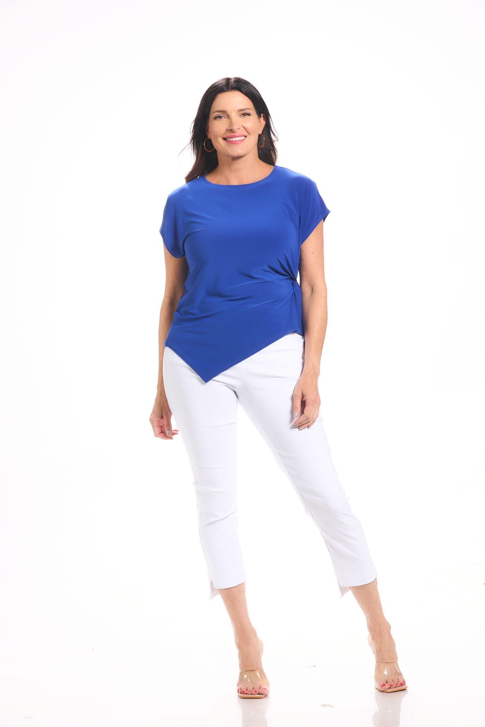 Front image of royal blue short sleeve knot top.