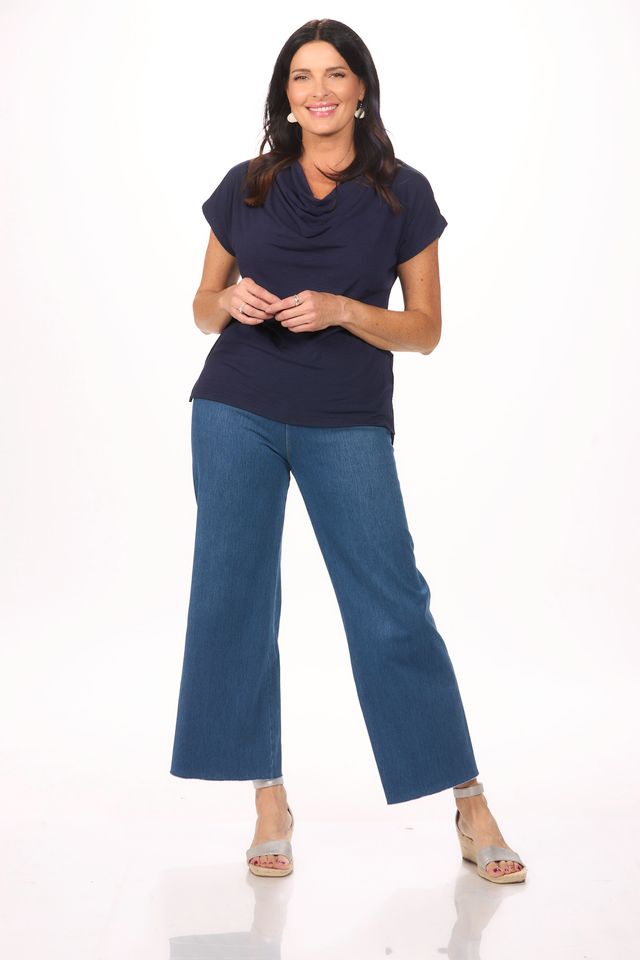 Front image of Nally & Millie short cap sleeve navy top.