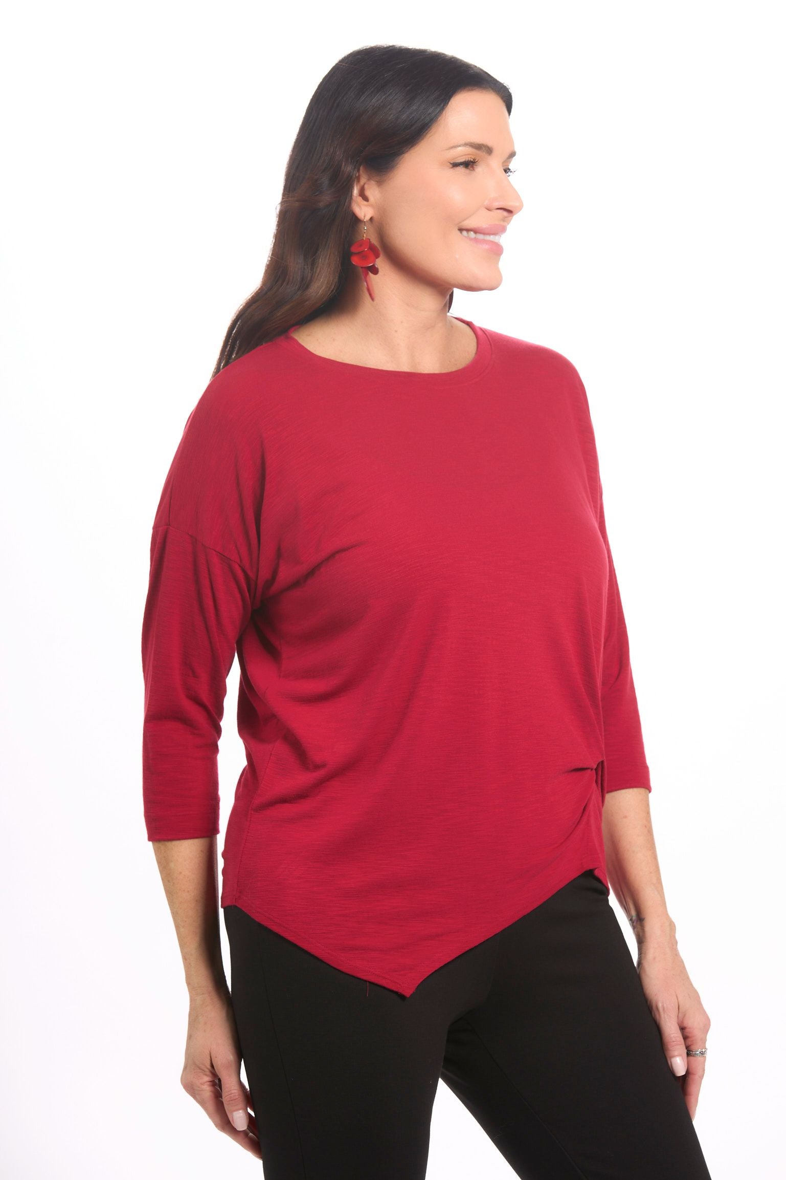 Side image of Nally&Millie chile red knot top.