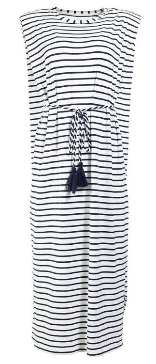 Front image of Coolibar coral way dress in navy and white stripe. 
