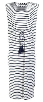 Front image of Coolibar coral way dress in navy and white stripe. 