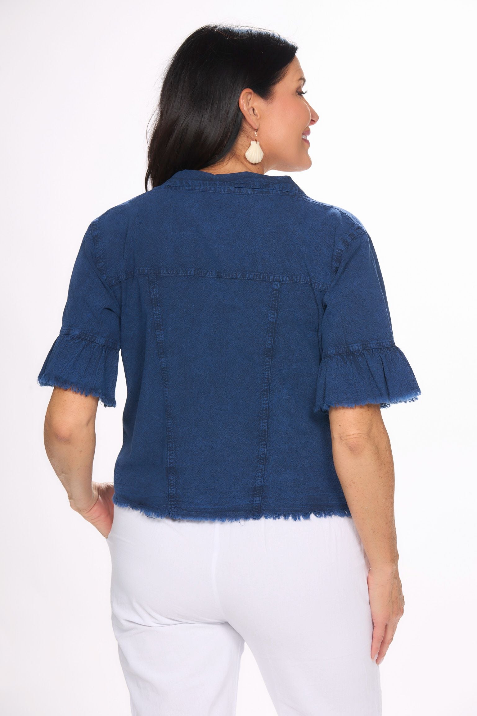 Back image of Giocam button front dark denim shirt.
