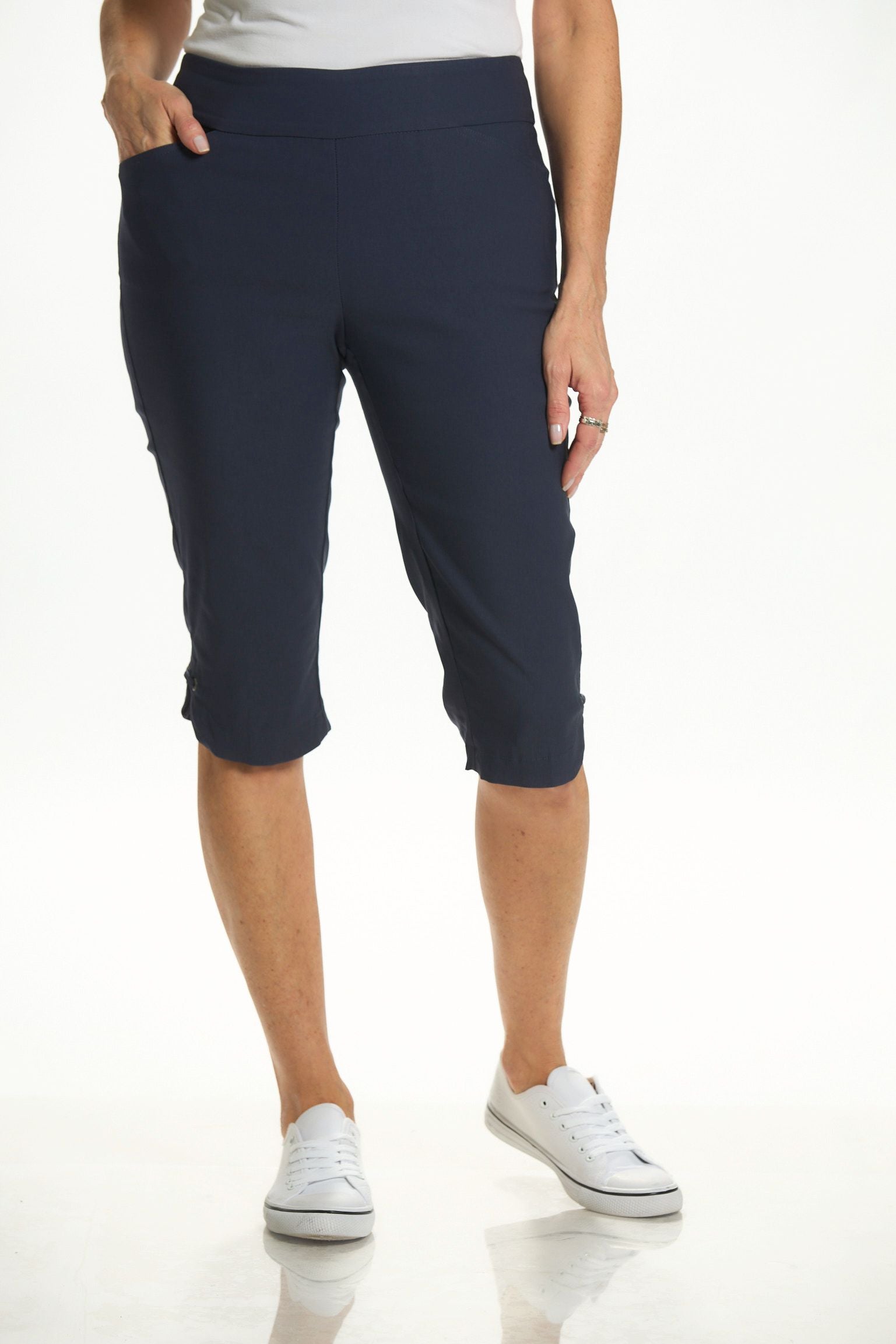 Front image of Tribal deep blue pull on skimmer with tulip hem.