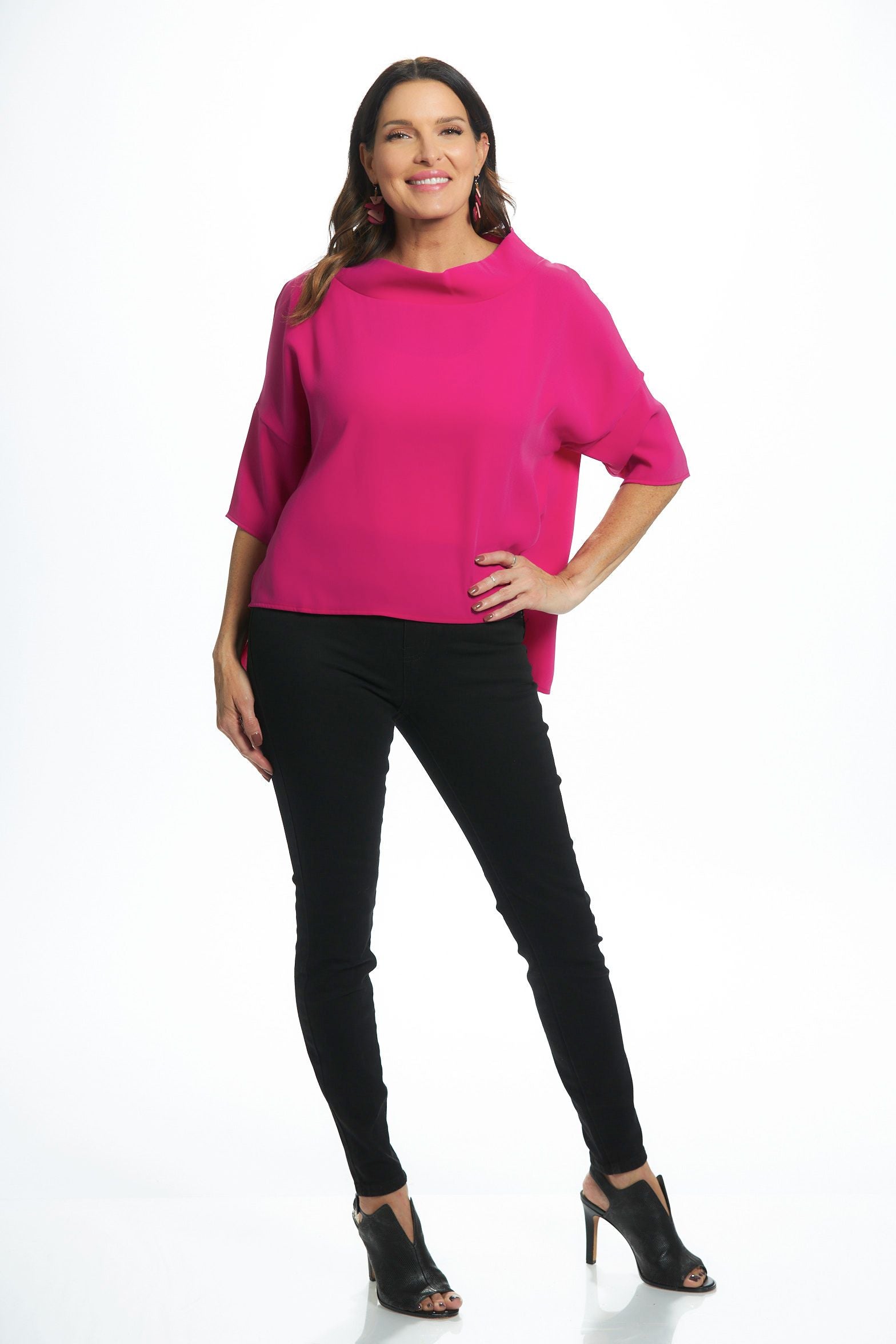 Front image of suzy d london cowl neck top. Hot pink sweater top.