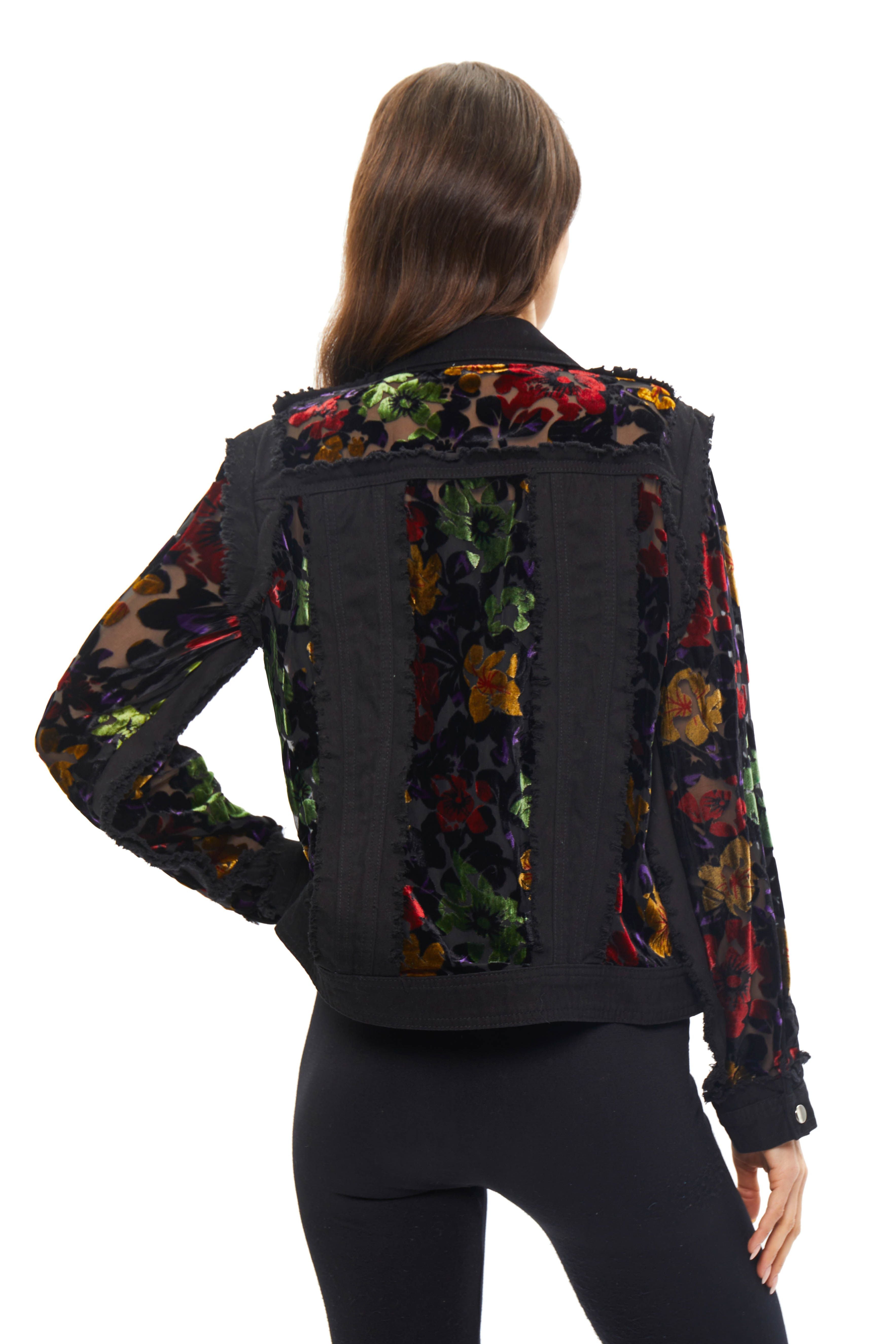 Back image of Adore denim jacket with velvet multi printed burnout detail.
