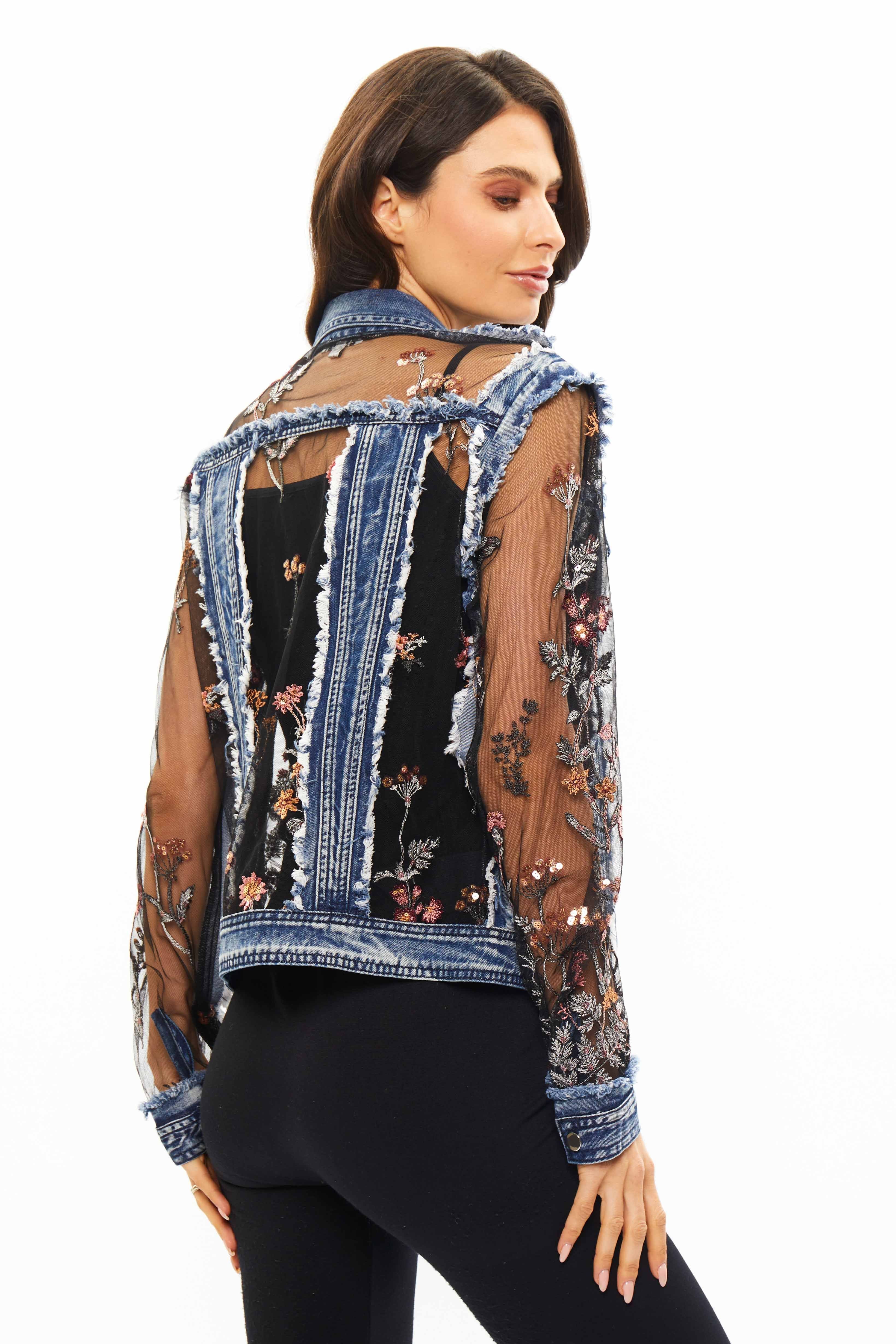 Back image of sheer sleeve denim jacket with embroidery by adore.