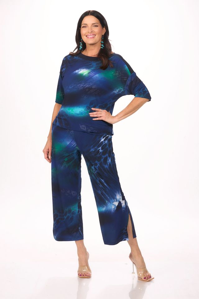 Front image of blue animal print dolman sleeve top by Picadilly.