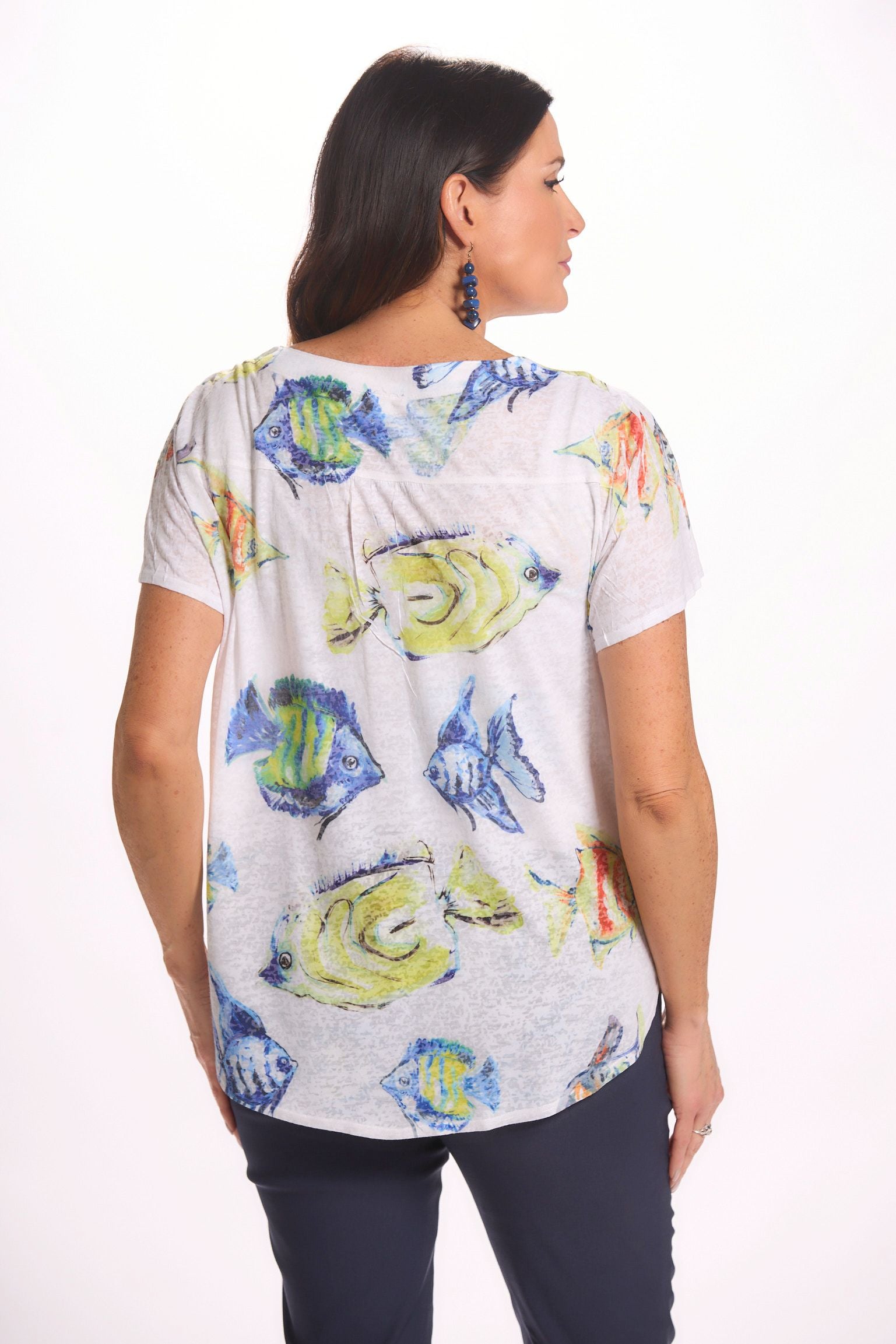 Back image of short sleeve impluse blue fish top. Tie front button front top.