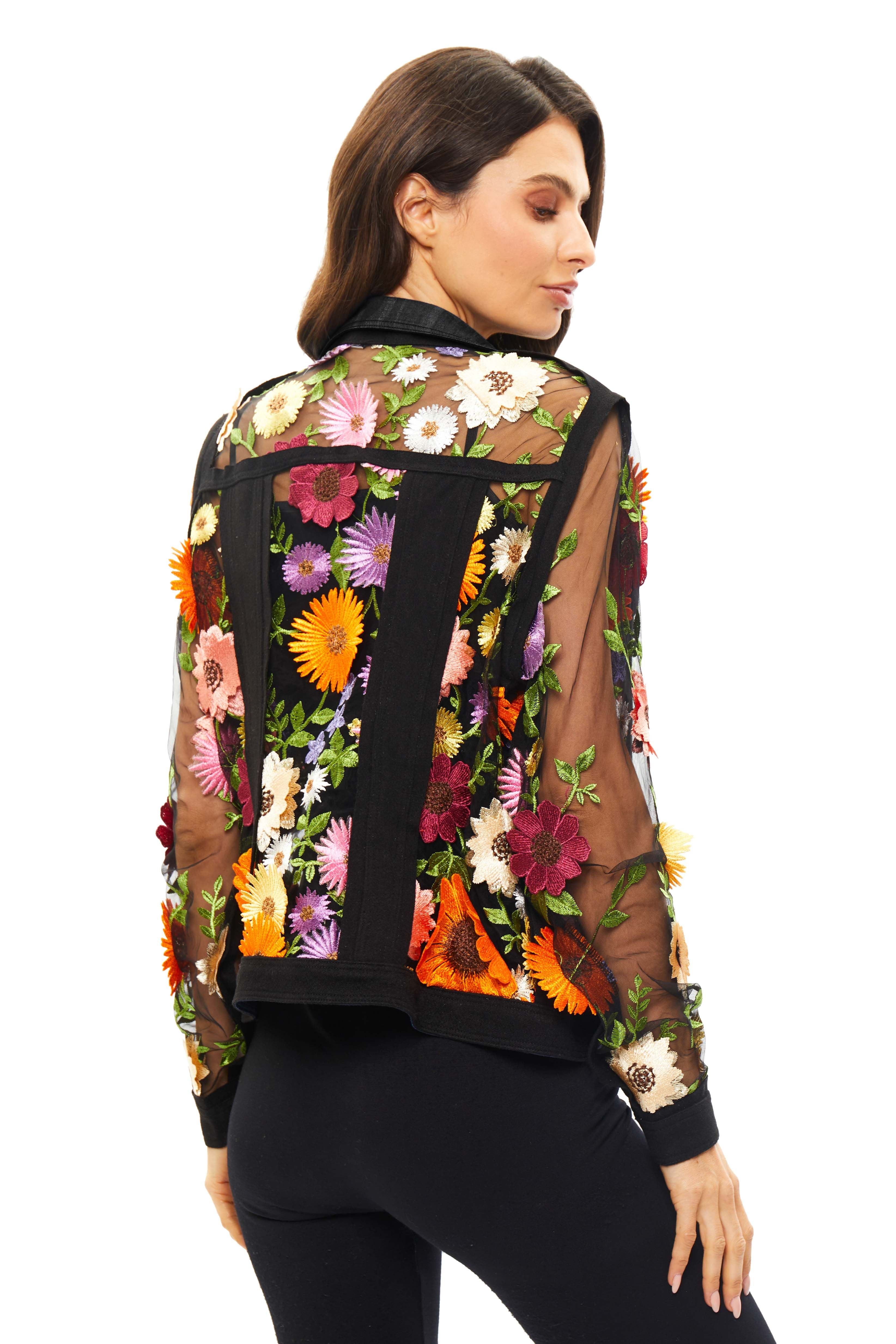 Back image of Adore black flower embroidered jacket.