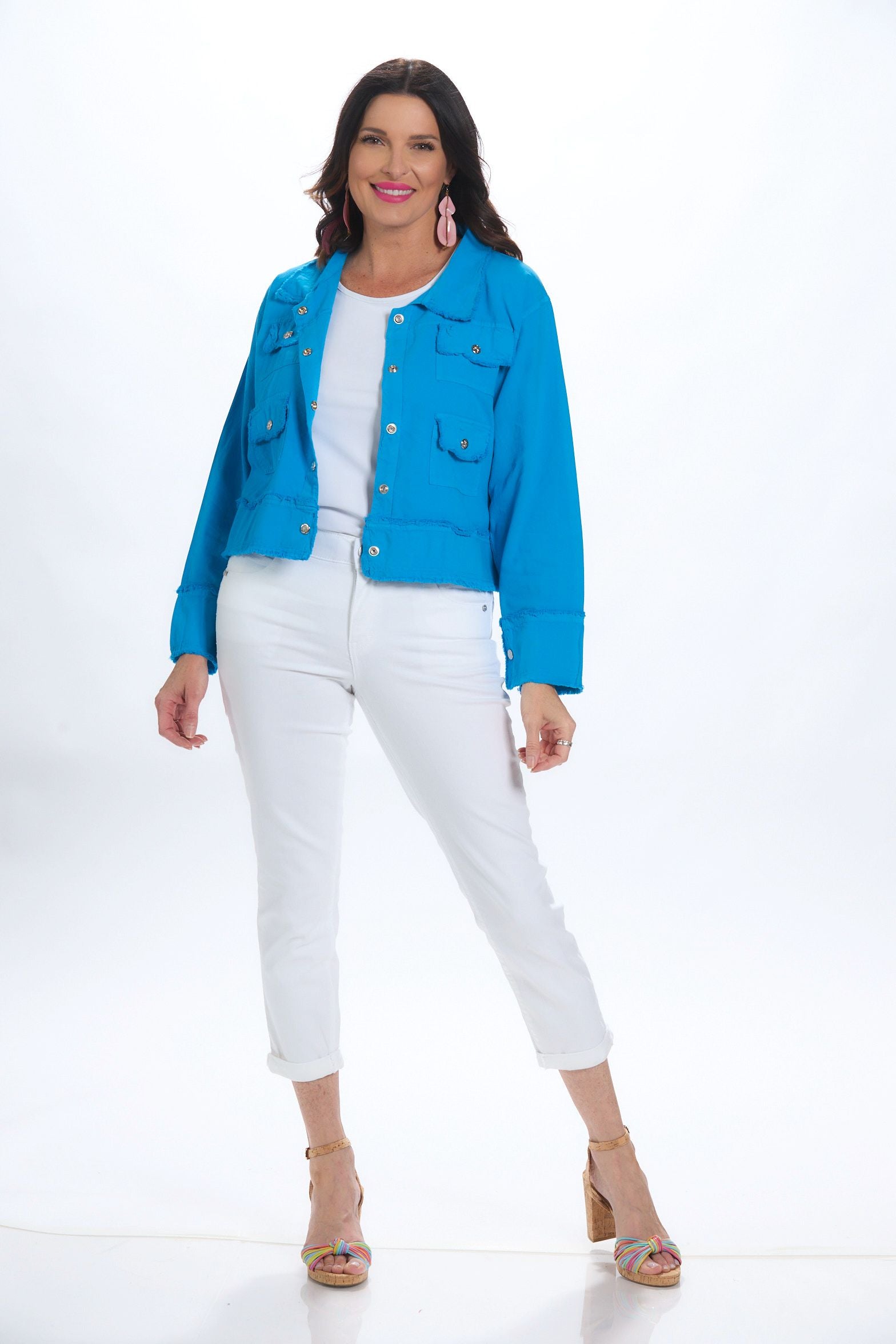 Front image of Gio jacket in Turquoise. Button front collar jacket.