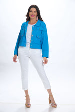 Front image of Gio jacket in Turquoise. Button front collar jacket. 