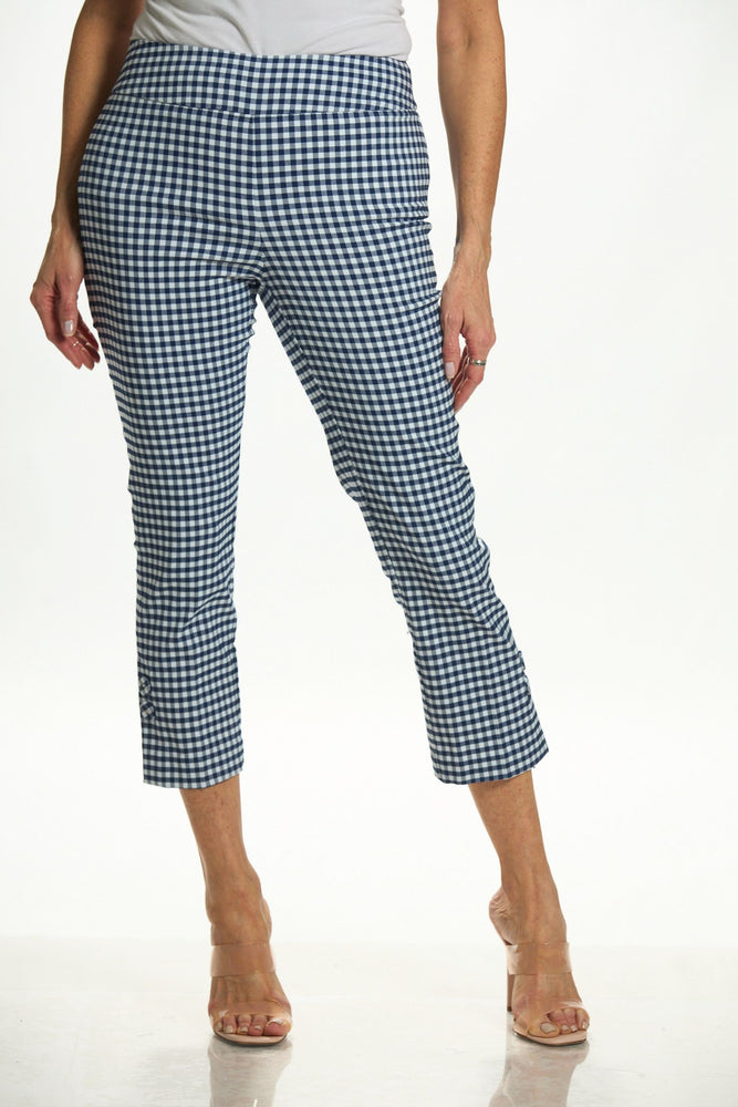Front image of UP! navy gingham printed pants. 