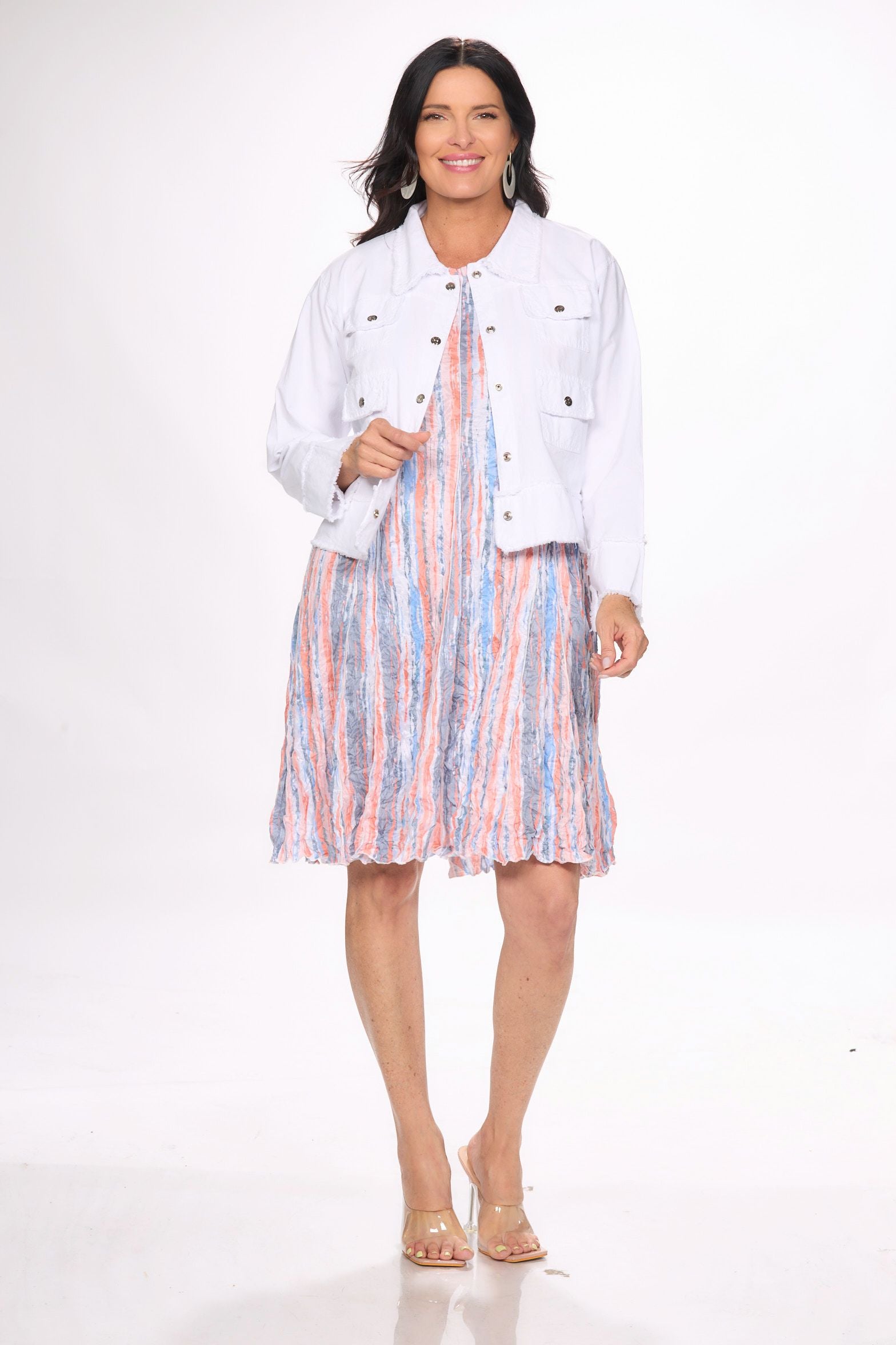 Front image of Shana sleeveless striped crinkle dress.