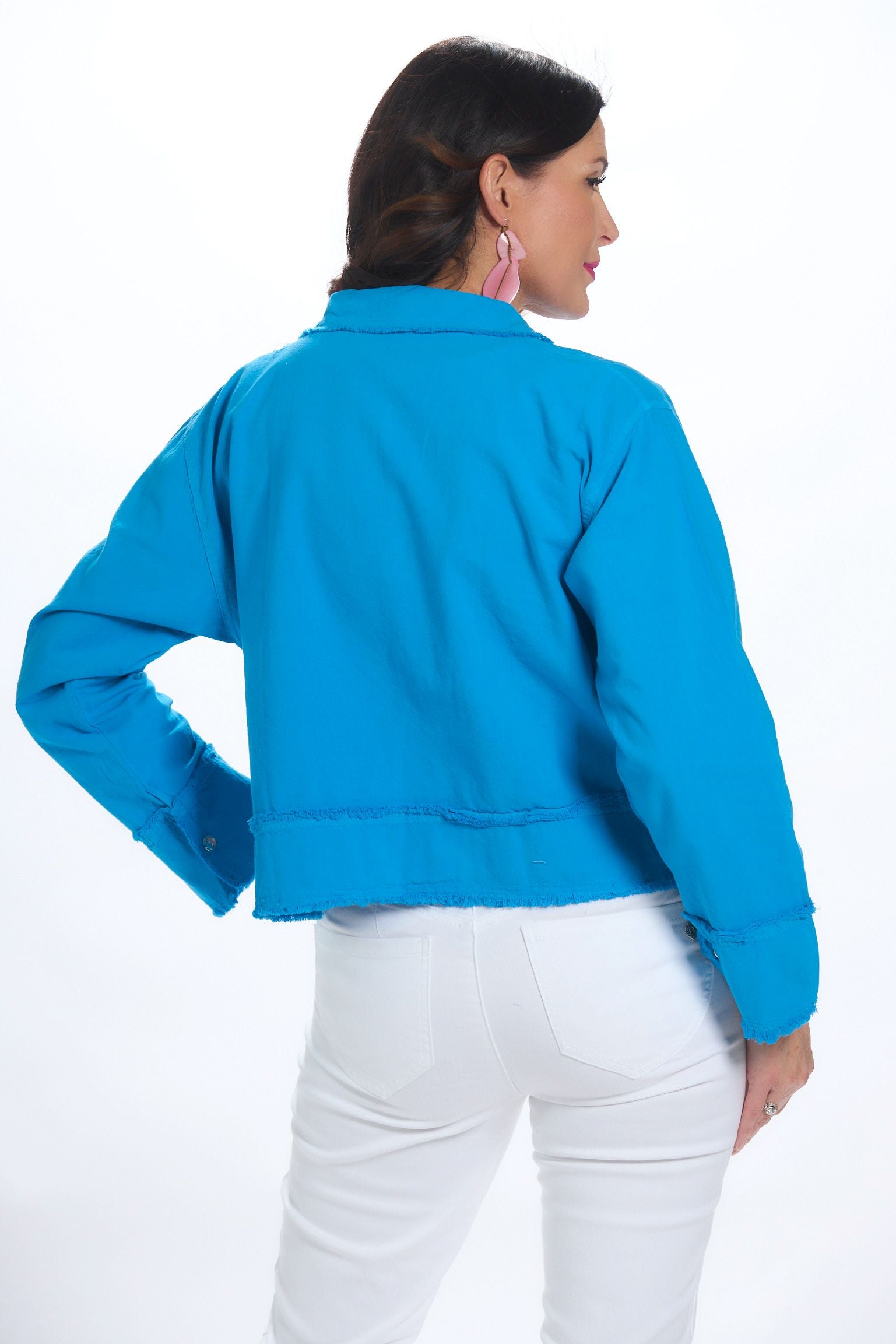 Back image of Gio jacket in Turquoise. Button front collar jacket.