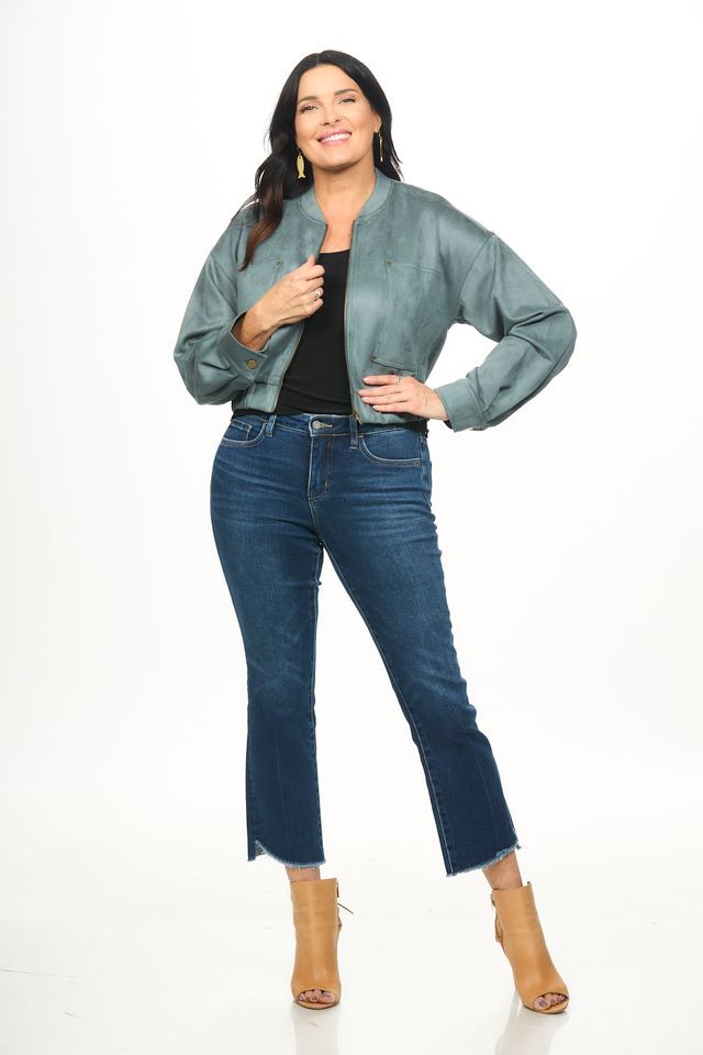 Front image of emerald green bomber jacket zip up.