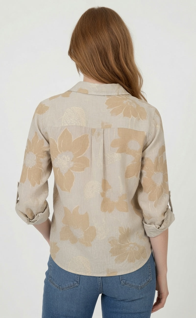 Roll Sleeve Button Front Tie Front Top