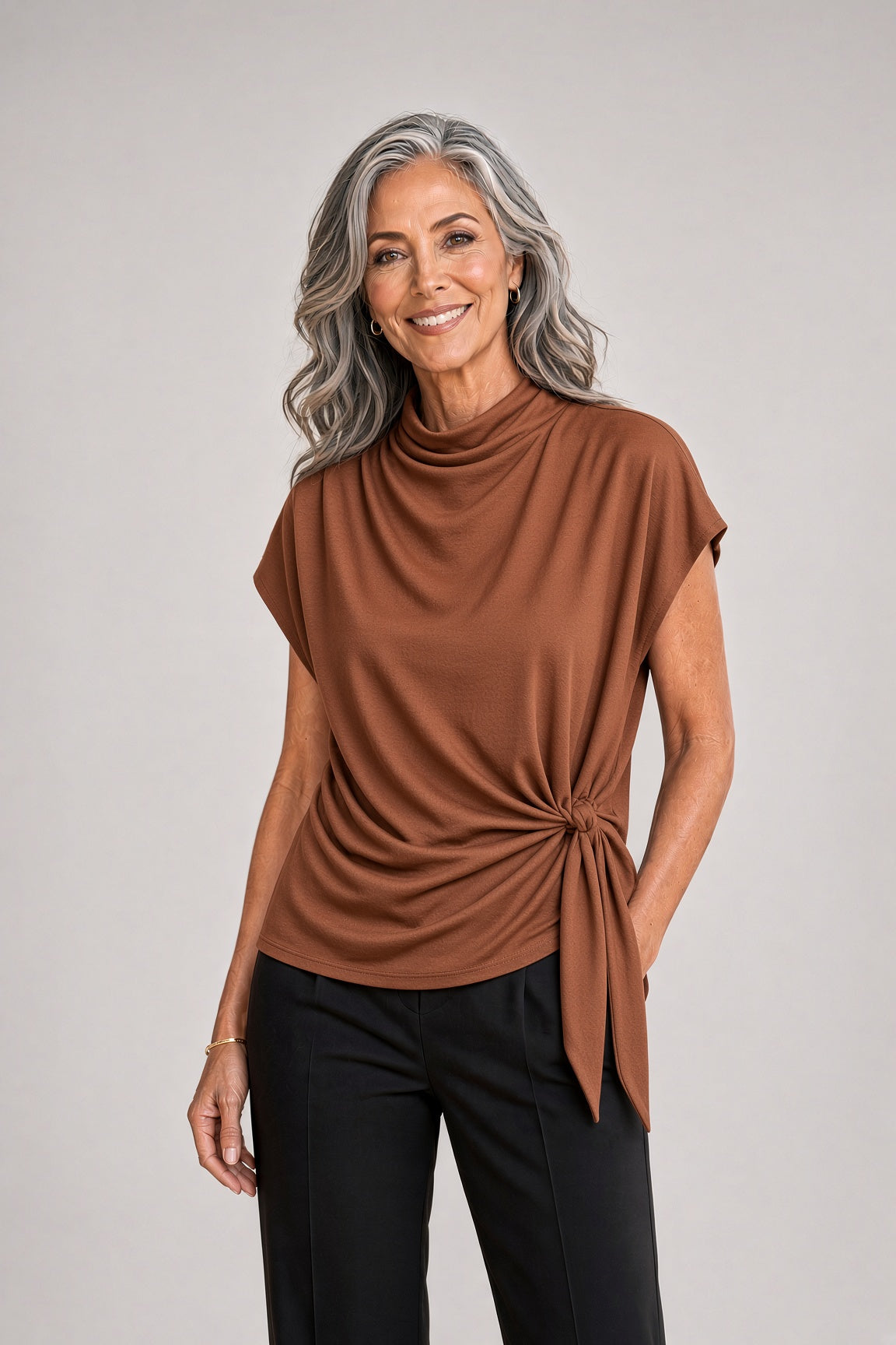 Cap Sleeve Funnel Neck Top with Tie