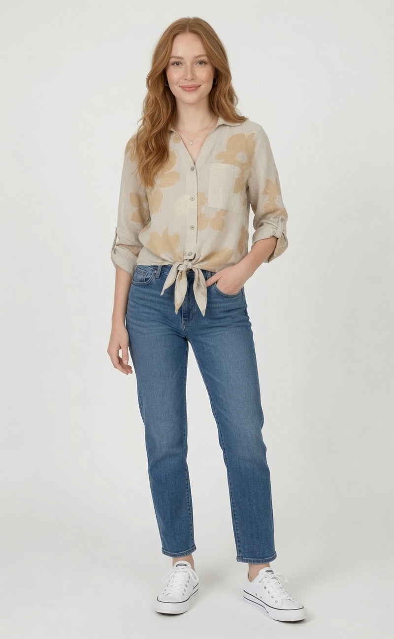 Roll Sleeve Button Front Tie Front Top
