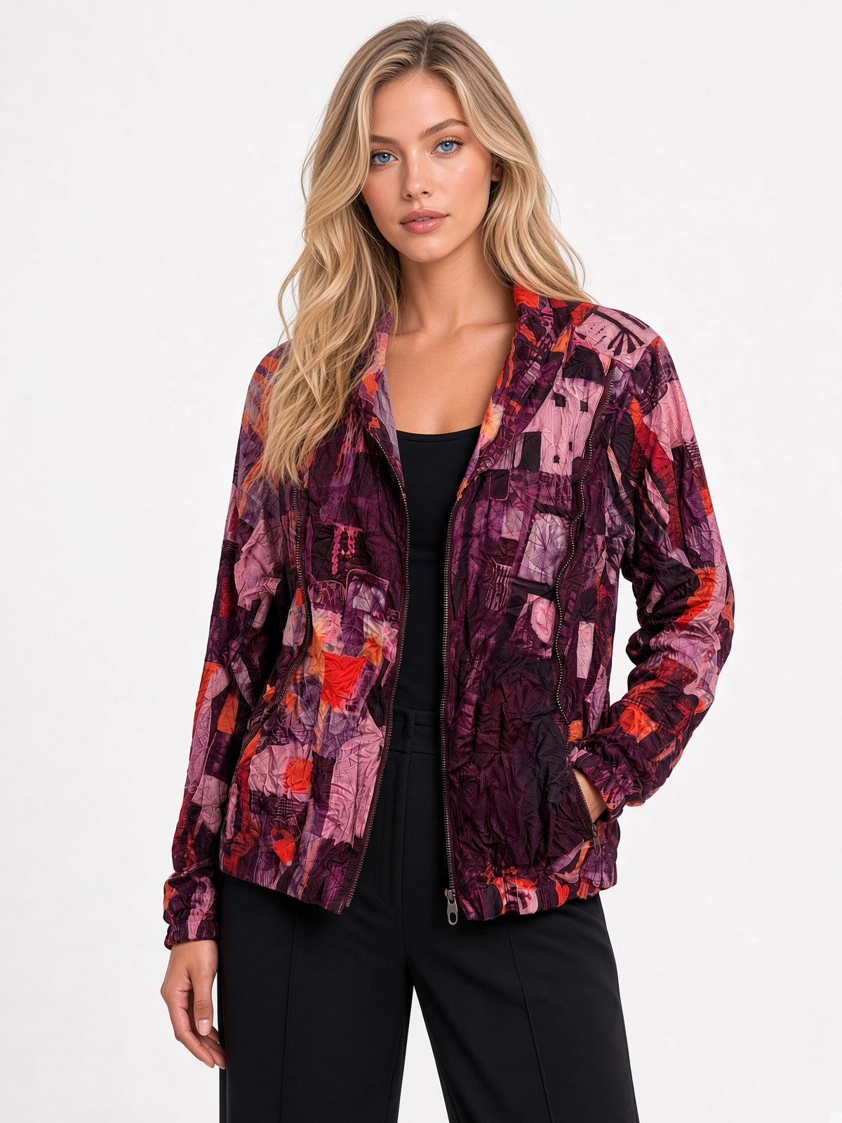 Long Sleeve Red Print Zip Jacket
