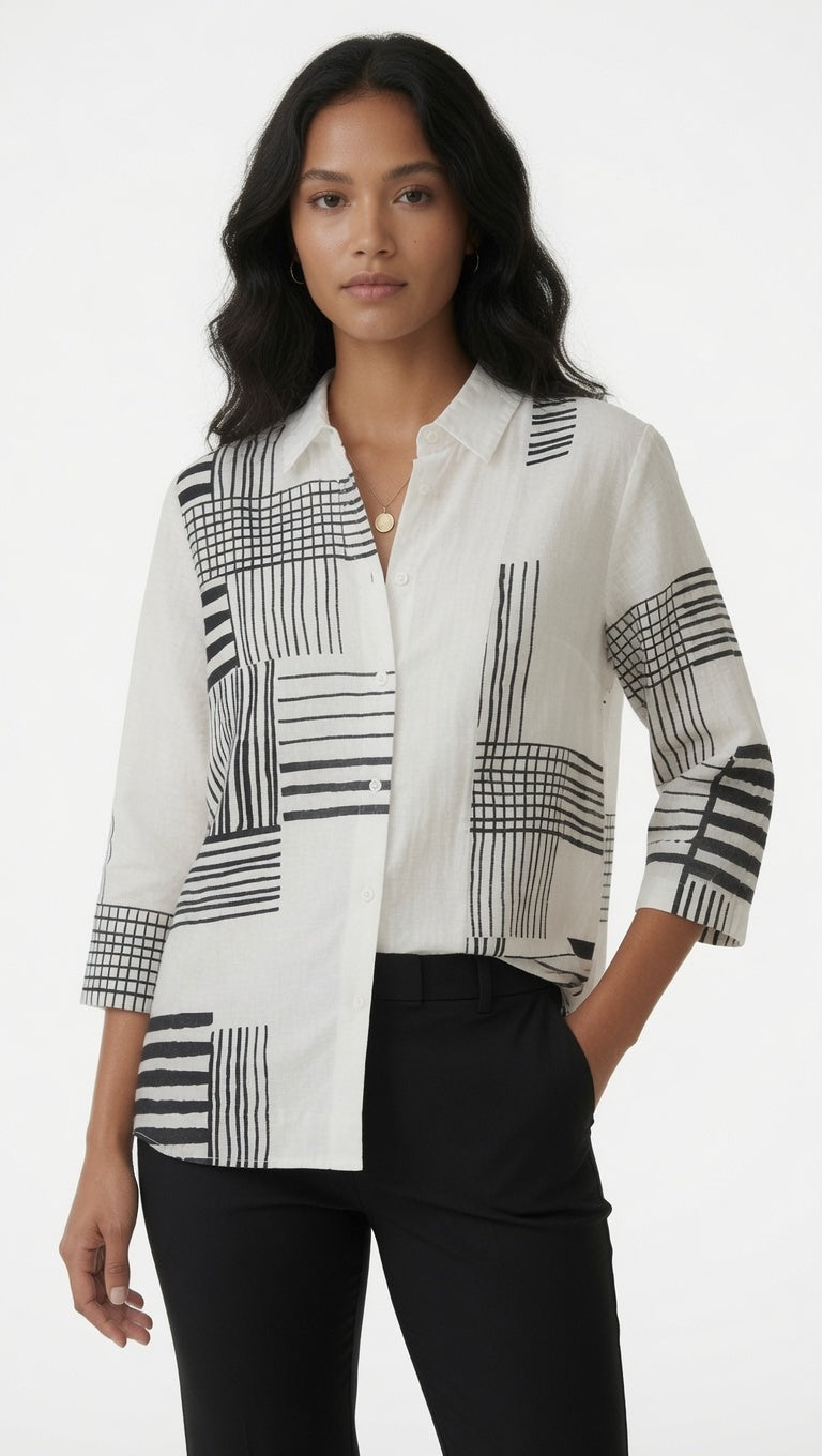 3/4 Sleeve Button Front Print Shirt