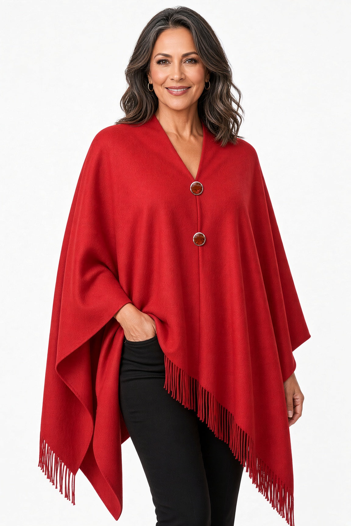 Red Two Button Fringe Shawl