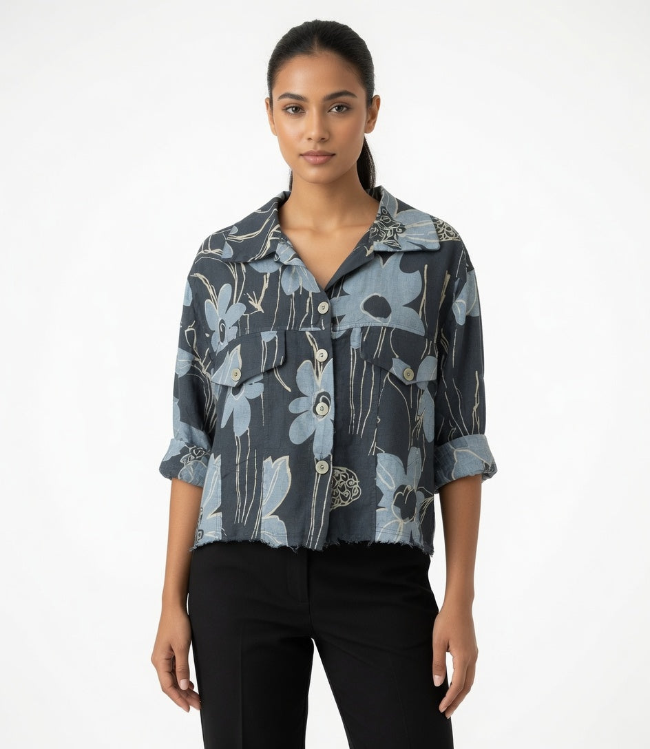 Roll Up Button Front Linen Crop Jacket