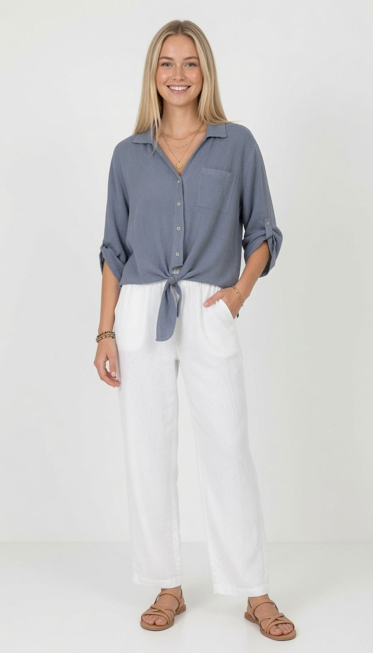 Roll Sleeve Button Front Tie Front Shirt