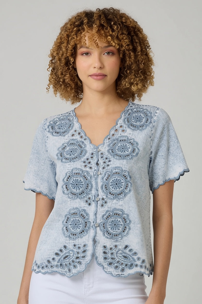 Short Sleeve Embroidered Washed Tencel Blouse