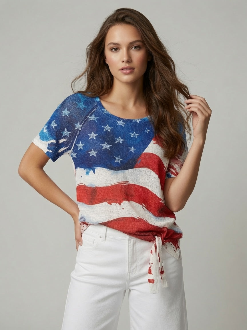 Short Sleeve Print Tie Front Top