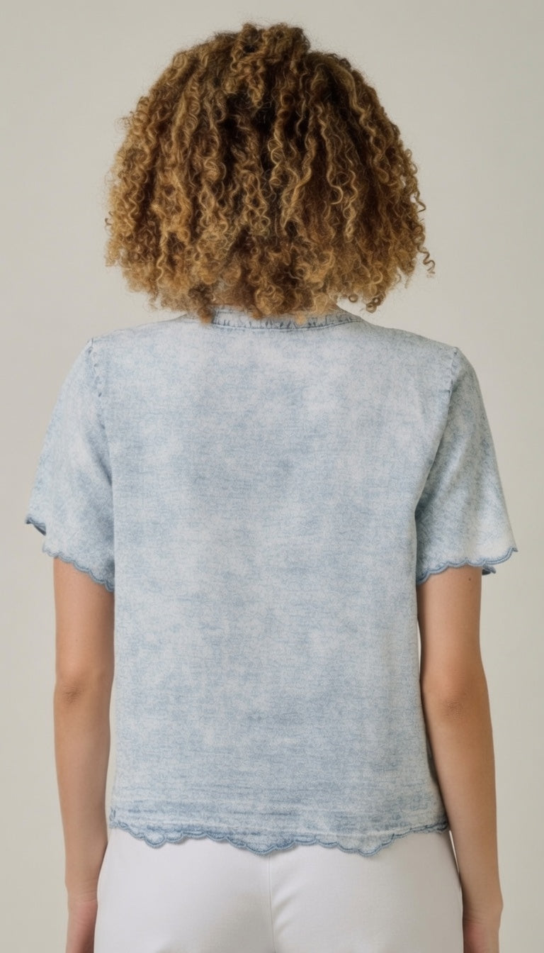Short Sleeve Embroidered Washed Tencel Blouse