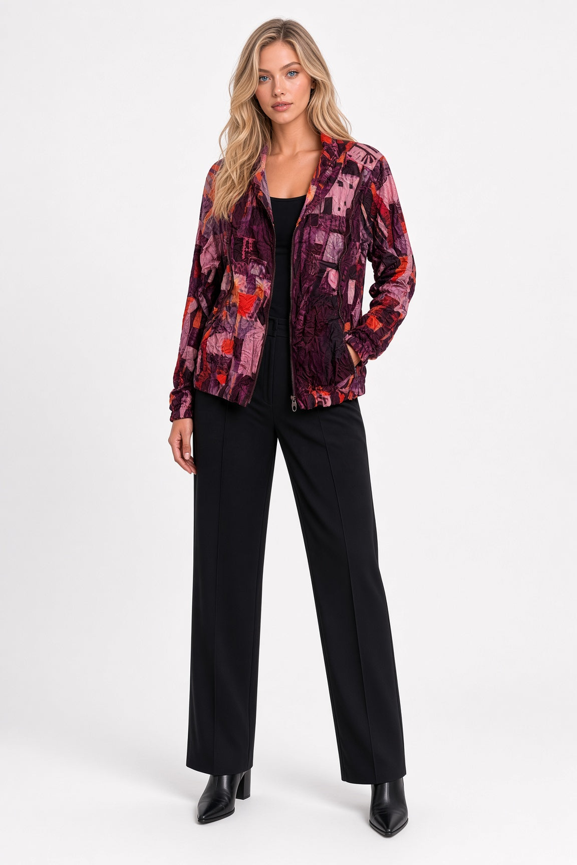 Long Sleeve Red Print Zip Jacket
