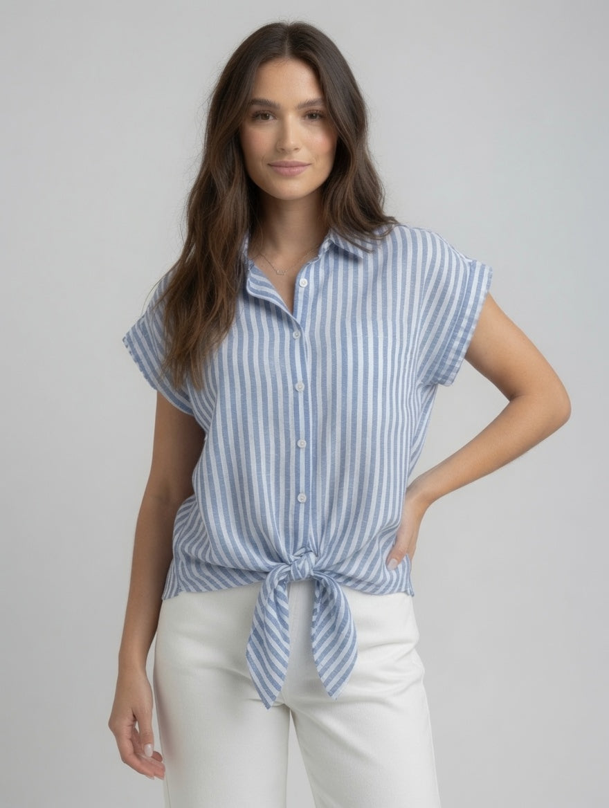 Short Sleeve Boyfriend Tie Front Stripe Top
