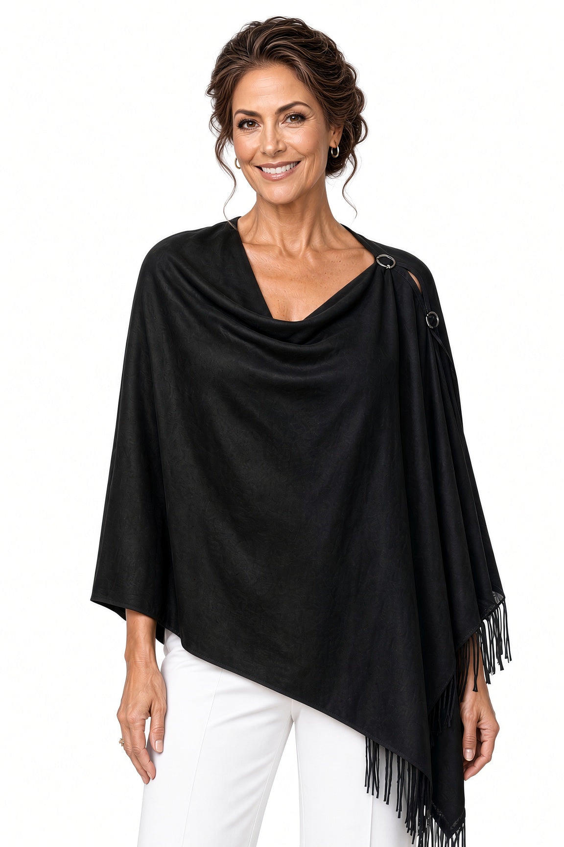 Black Two Button Fringe Shawl