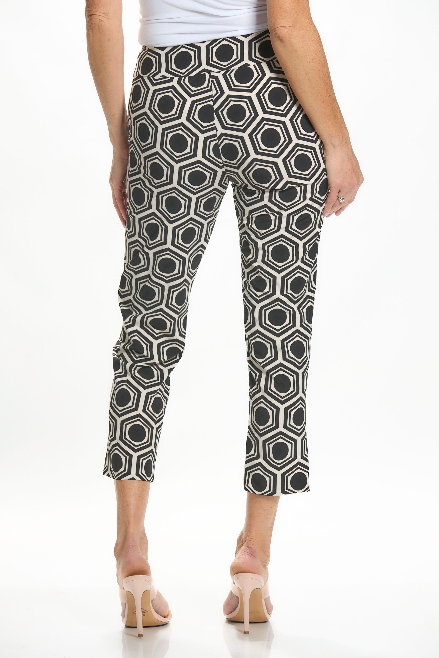Back image of Krazy larry crop feather weight pant in hexagon print.