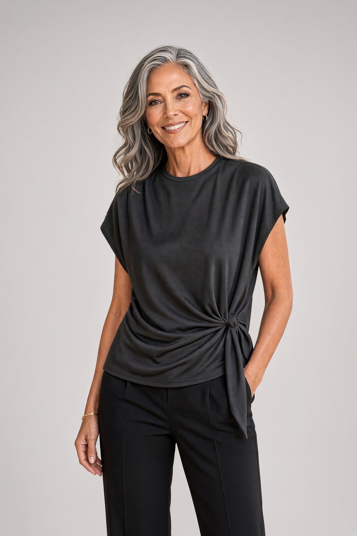 Cap Sleeve Funnel Neck Top with Tie