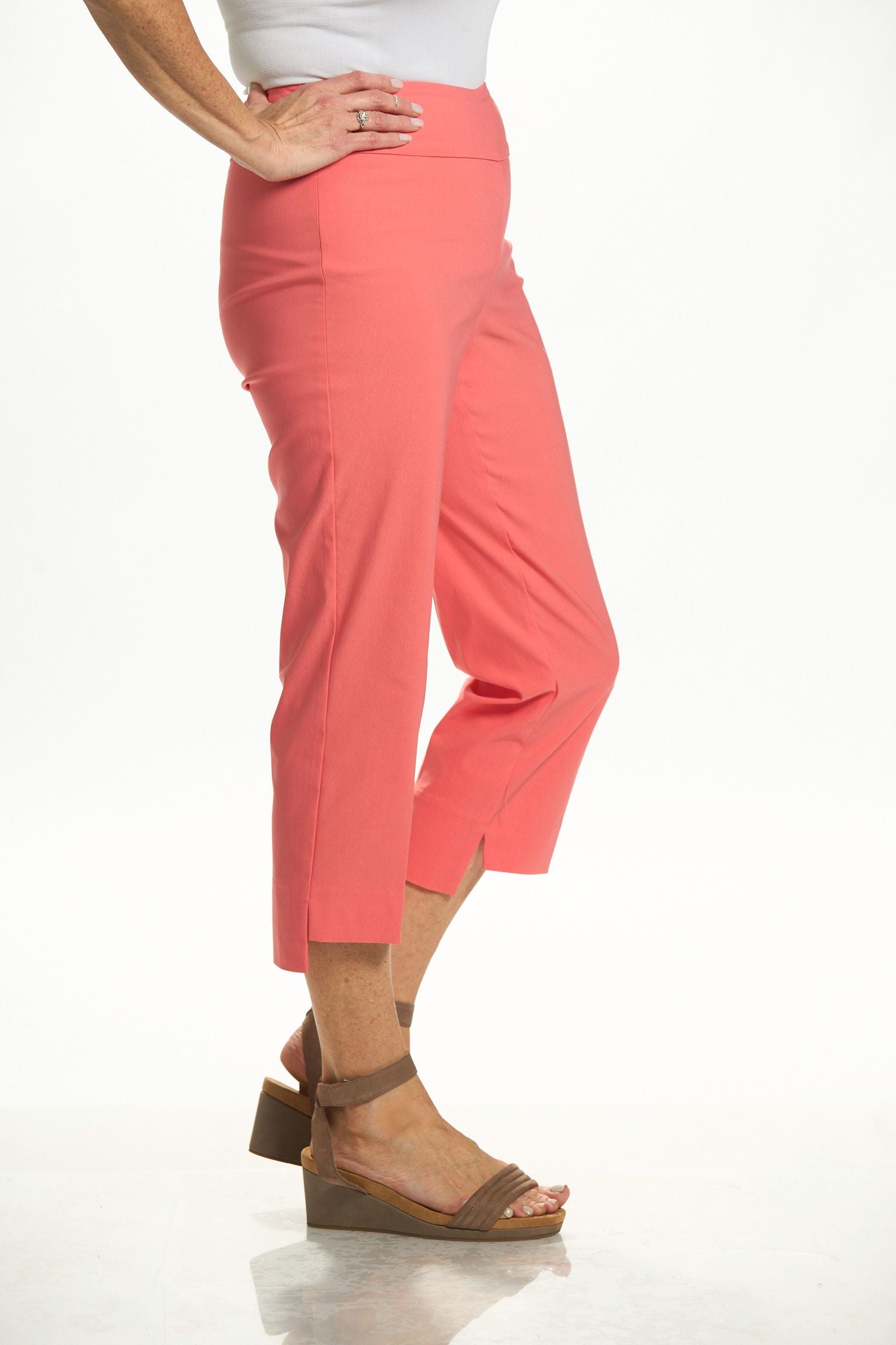 Side image of UP! coral high/low capri.