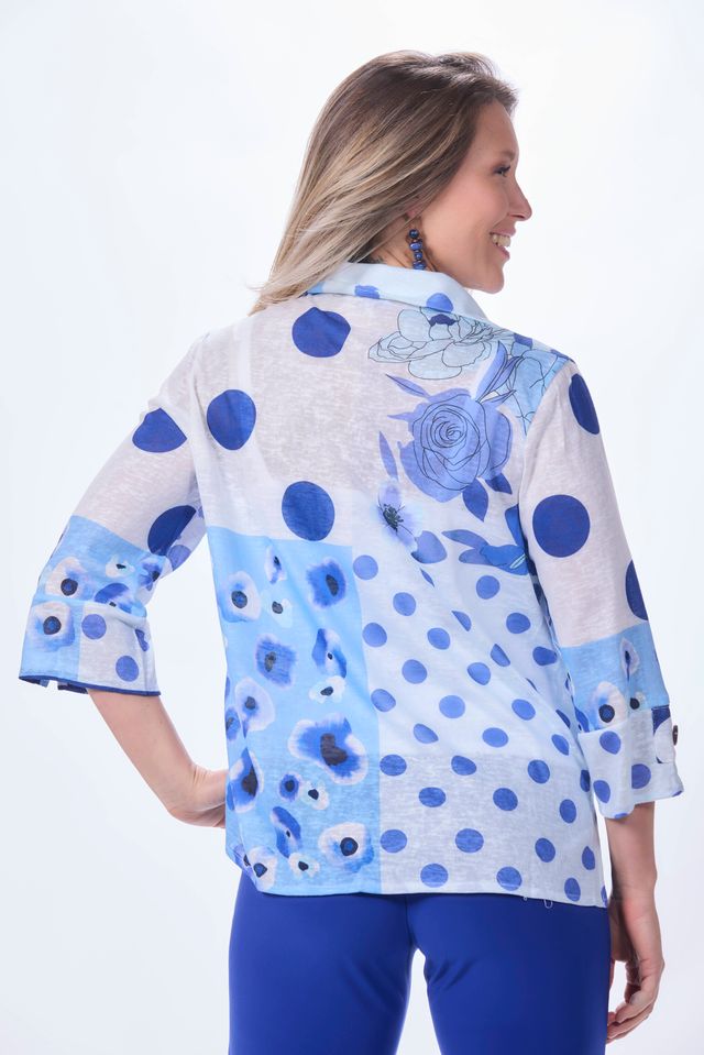 3/4 Sleeve Collar Print Slub Top