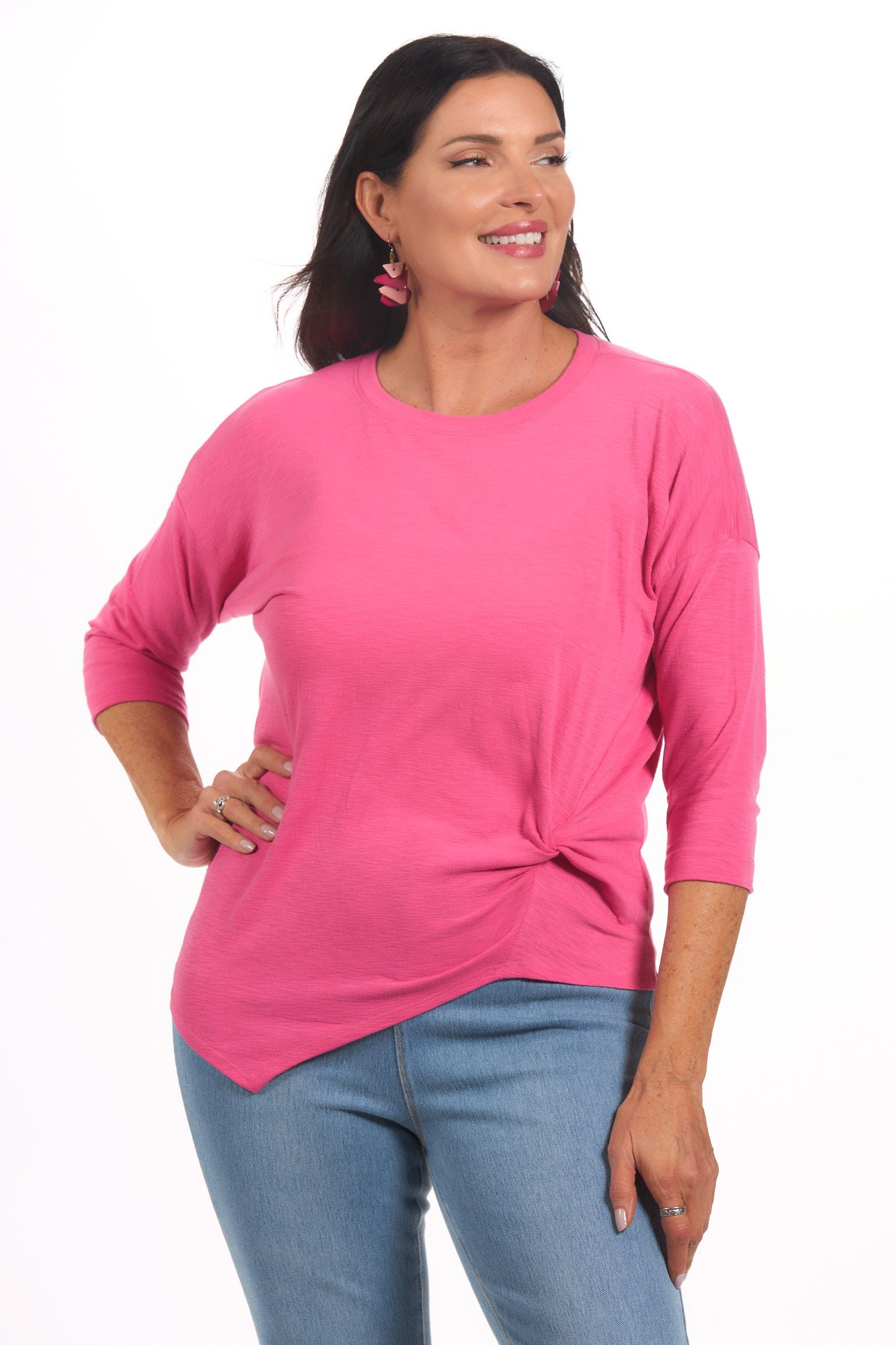 Front image of nally and millie knot top in pink.