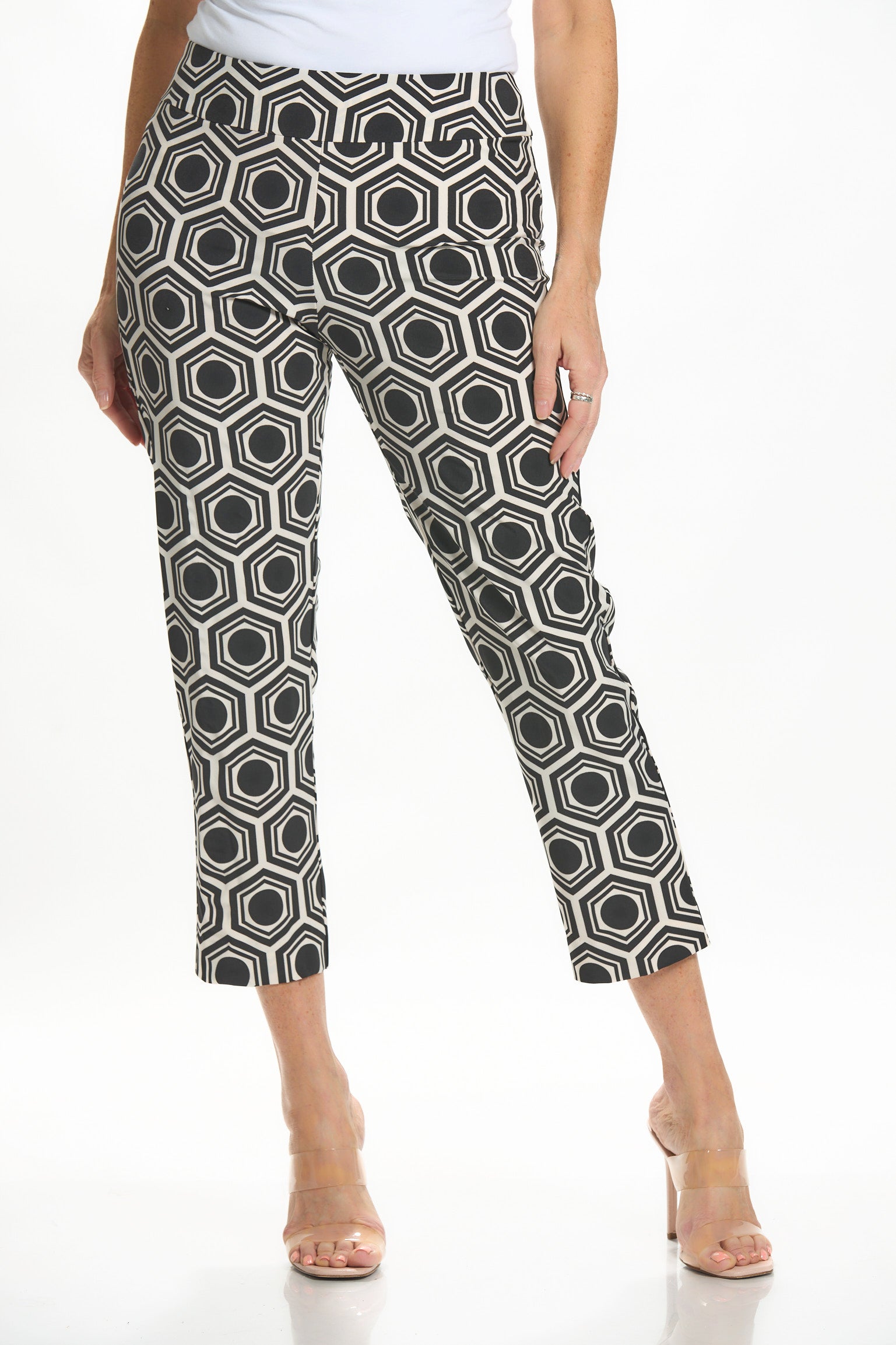 Front image of Krazy larry crop feather weight pant in hexagon print.