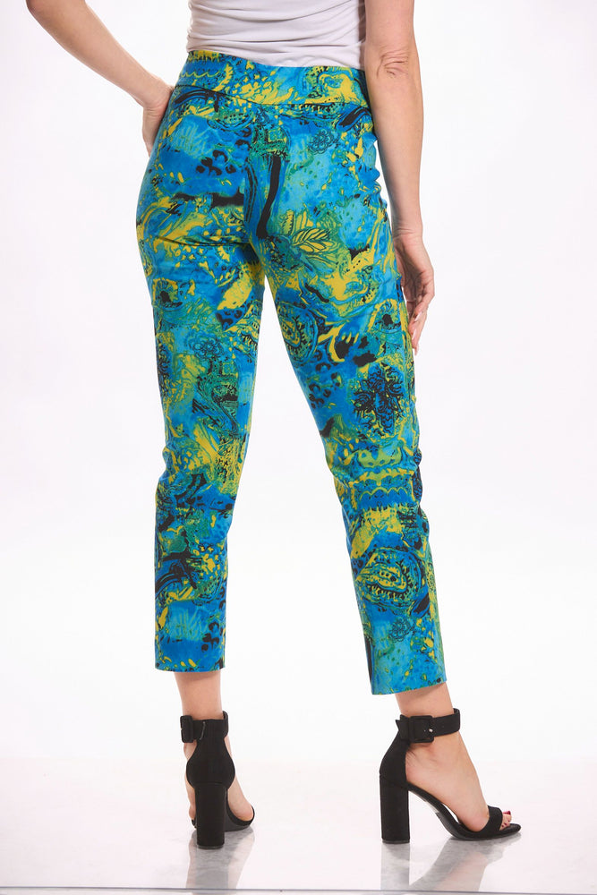 Back image of Krazy Larry navy and lime printed pull on pants. 