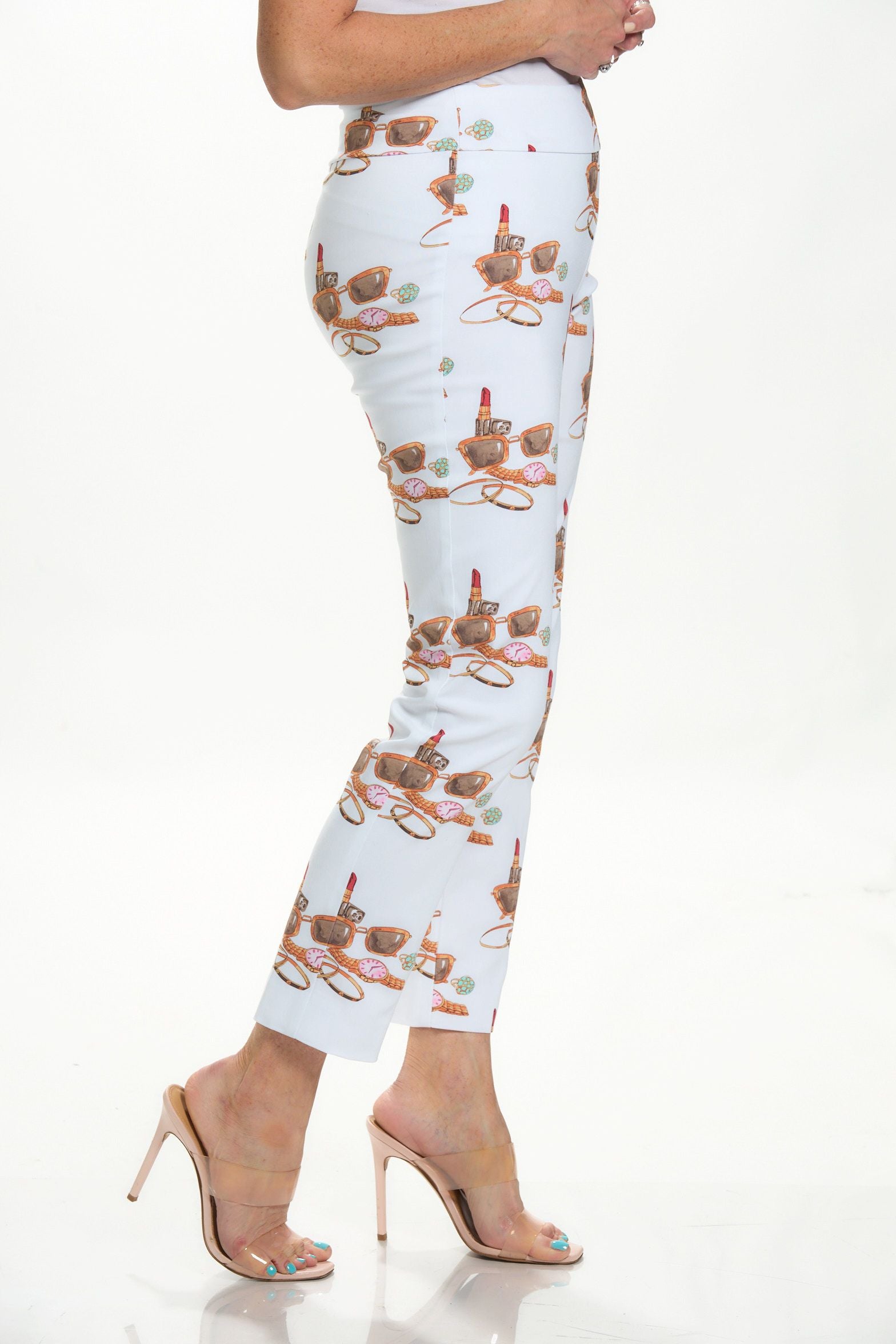 Side image of krazy larry lipstick printed pants.